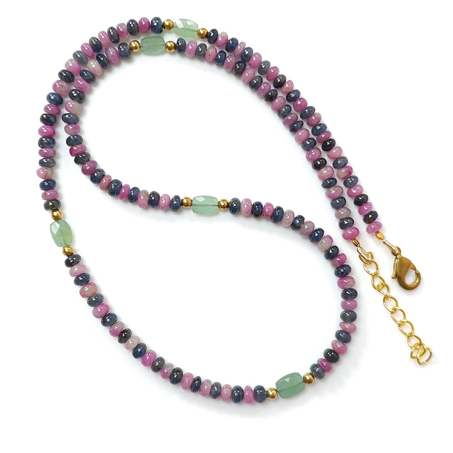 Zoisite Ruby & Blue Sapphire Gemstone Beads Necklace: Natural Untreated Ruby, Green Quartzite Plain Rondelle Brass Necklace 4mm 18" 1 Strand