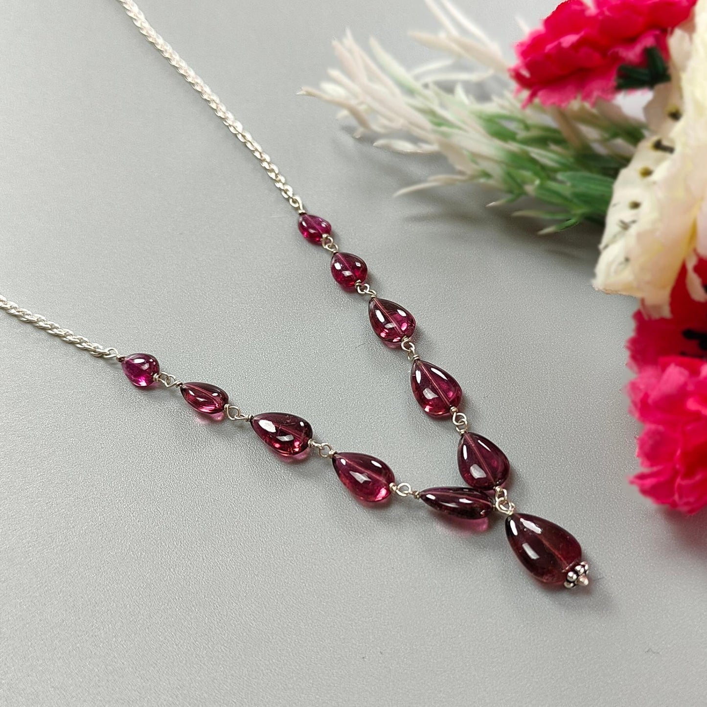 Rubellite Tourmaline Necklace: 34.50cts Natural Untreated Pink Tourmaline 925 Sterling Silver Plain Pear 20"