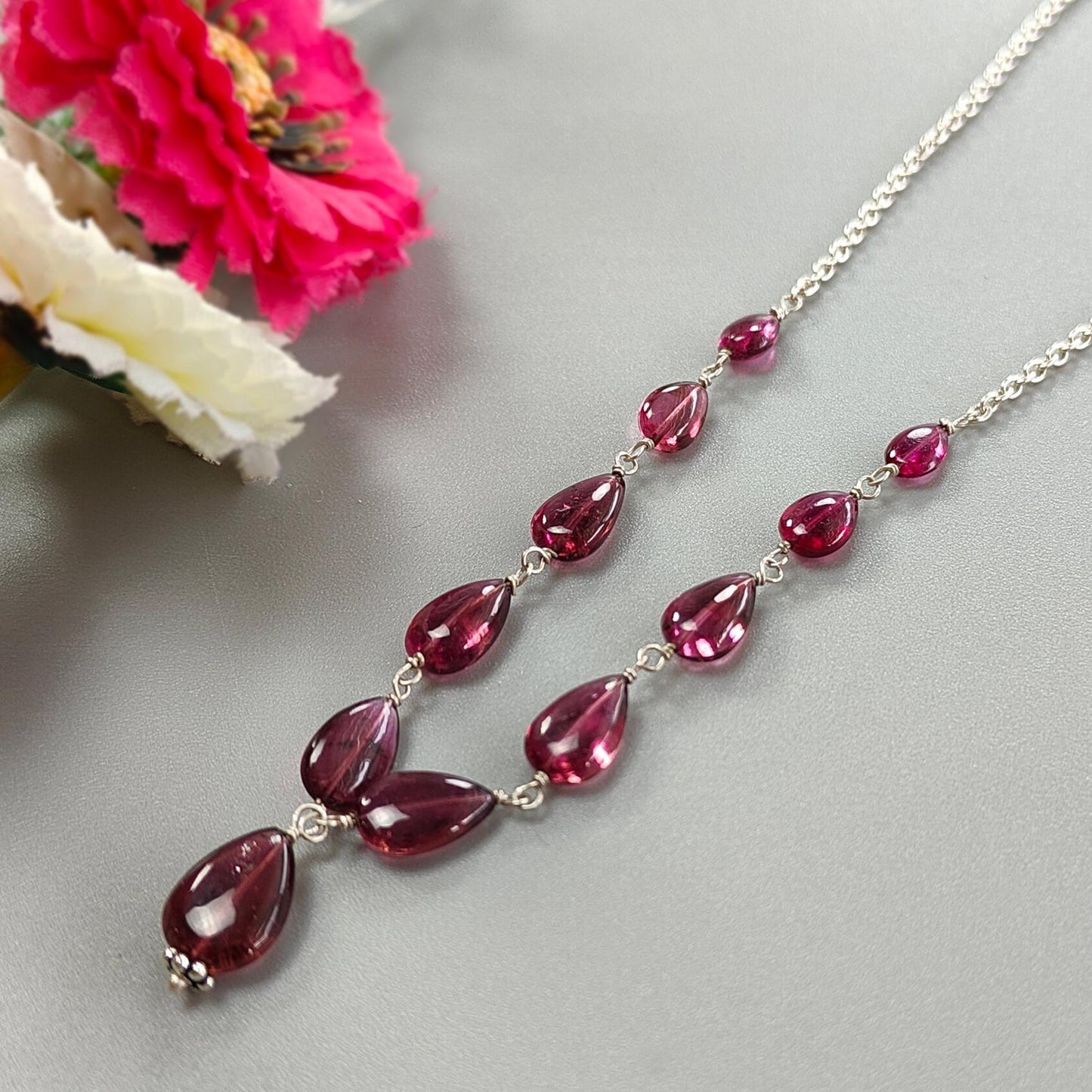 Rubellite Tourmaline Necklace: 34.50cts Natural Untreated Pink Tourmaline 925 Sterling Silver Plain Pear 20"