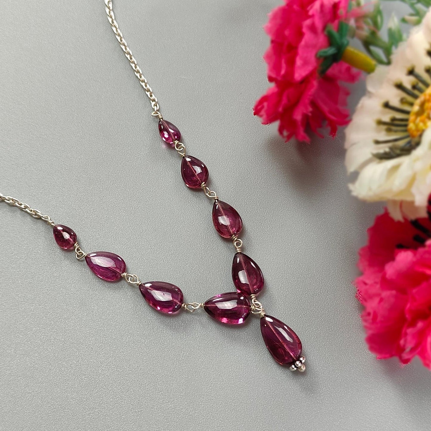 Rubellite Tourmaline Beads Chain Necklace: 31.95cts Natural Untreated Pink Tourmaline 925 Sterling Silver Plain Pear 6*5mm -11*7mm 20"