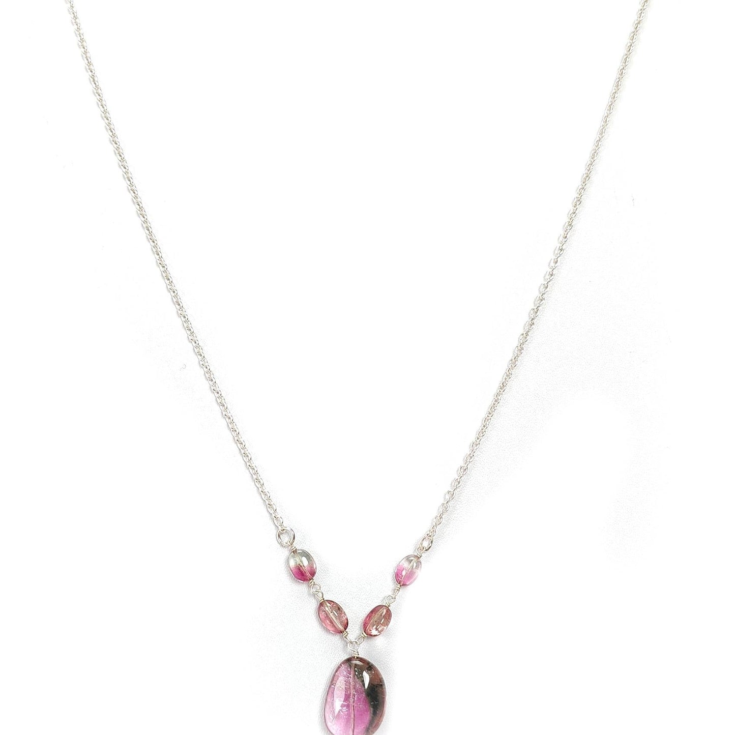 Watermelon Tourmaline Chain Necklace: 34.50cts Natural Untreated Tourmaline 925 Sterling Silver Plain Oval 6*4.5mm - 16*12mm 21"