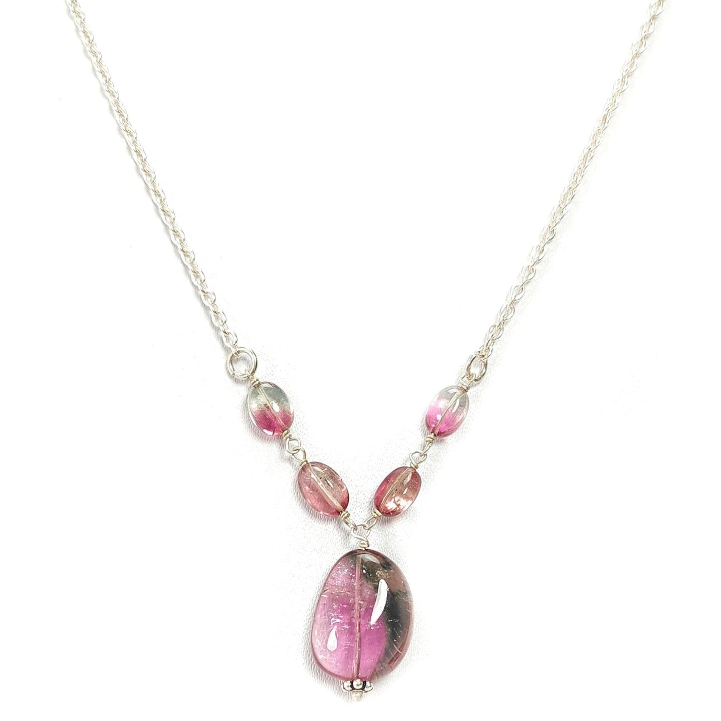 Watermelon Tourmaline Chain Necklace: 34.50cts Natural Untreated Tourmaline 925 Sterling Silver Plain Oval 6*4.5mm - 16*12mm 21"