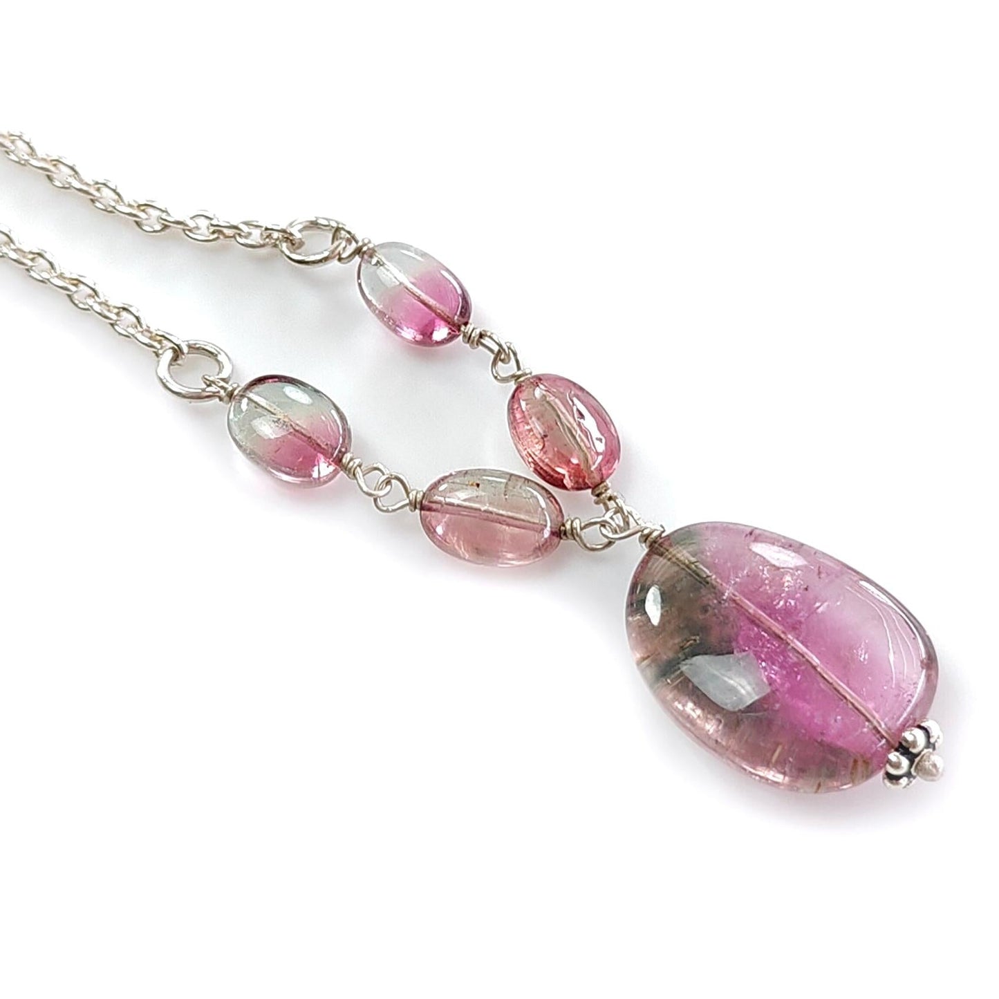 Watermelon Tourmaline Chain Necklace: 34.50cts Natural Untreated Tourmaline 925 Sterling Silver Plain Oval 6*4.5mm - 16*12mm 21"