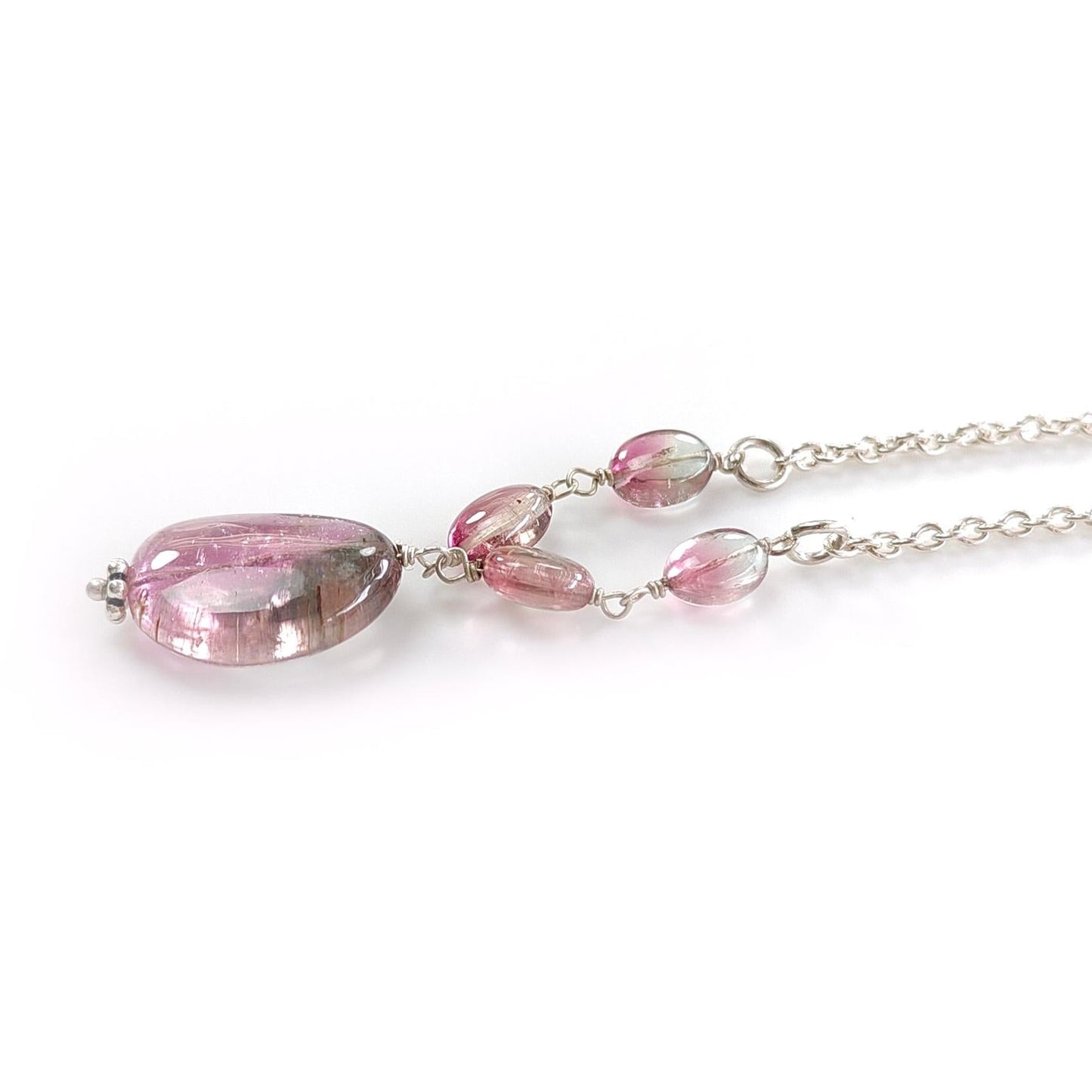 Watermelon Tourmaline Chain Necklace: 34.50cts Natural Untreated Tourmaline 925 Sterling Silver Plain Oval 6*4.5mm - 16*12mm 21"