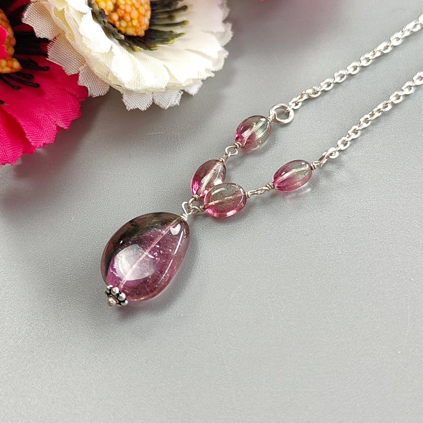 Watermelon Tourmaline Chain Necklace: 34.50cts Natural Untreated Tourmaline 925 Sterling Silver Plain Oval 6*4.5mm - 16*12mm 21"