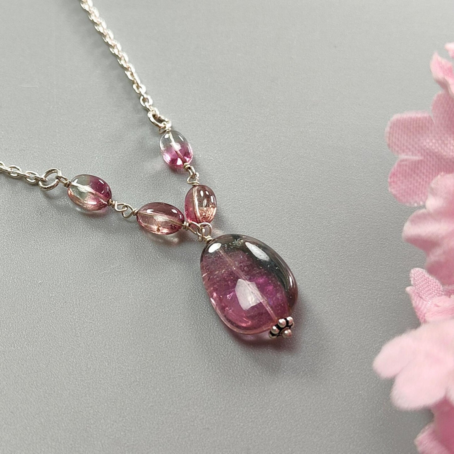 Watermelon Tourmaline Chain Necklace: 34.50cts Natural Untreated Tourmaline 925 Sterling Silver Plain Oval 6*4.5mm - 16*12mm 21"