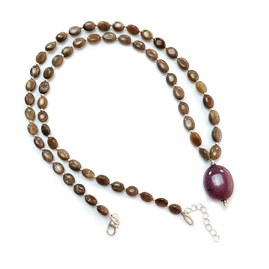 Golden Chocolate Sapphire Gemstone Beads Necklace: 24.06gms Natural Ruby, Sapphire Plain Oval 925 Silver Necklace 6*5mm - 8*5.5mm 22"