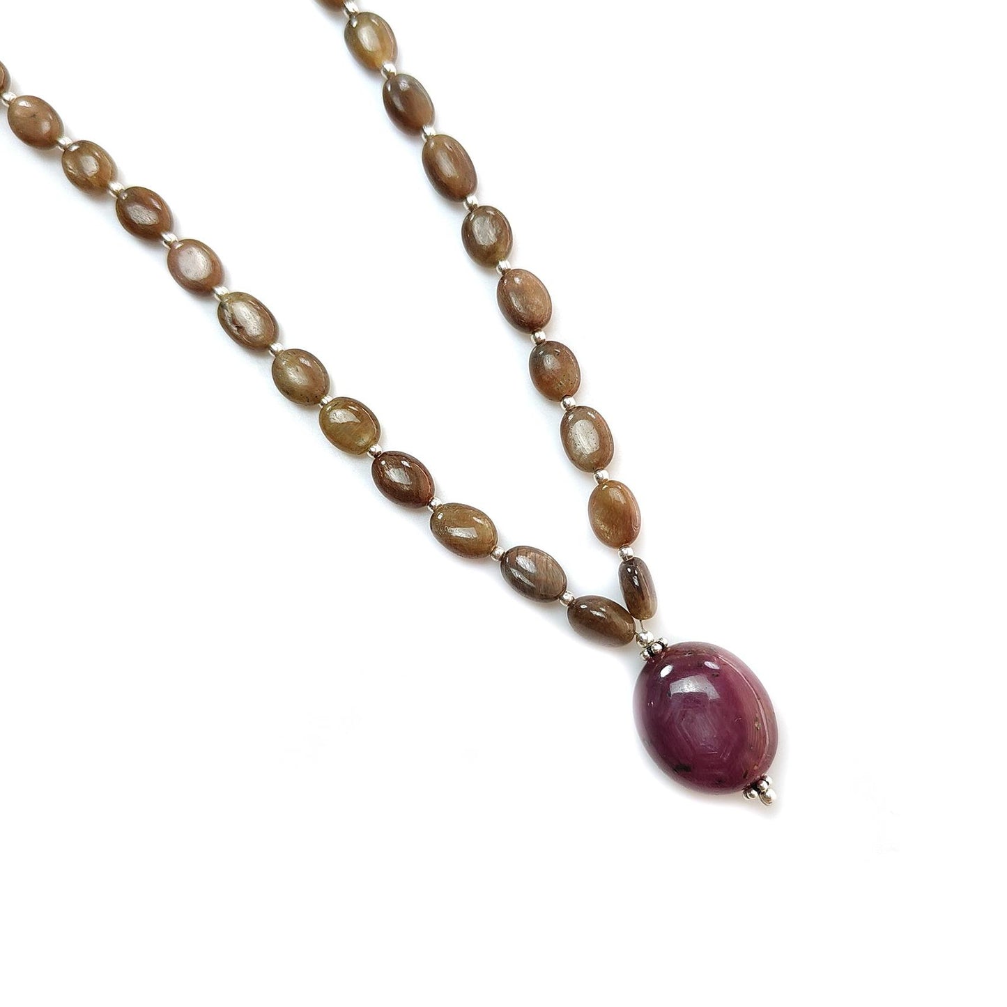 Golden Chocolate Sapphire Gemstone Beads Necklace: 24.06gms Natural Ruby, Sapphire Plain Oval 925 Silver Necklace 6*5mm - 8*5.5mm 22"