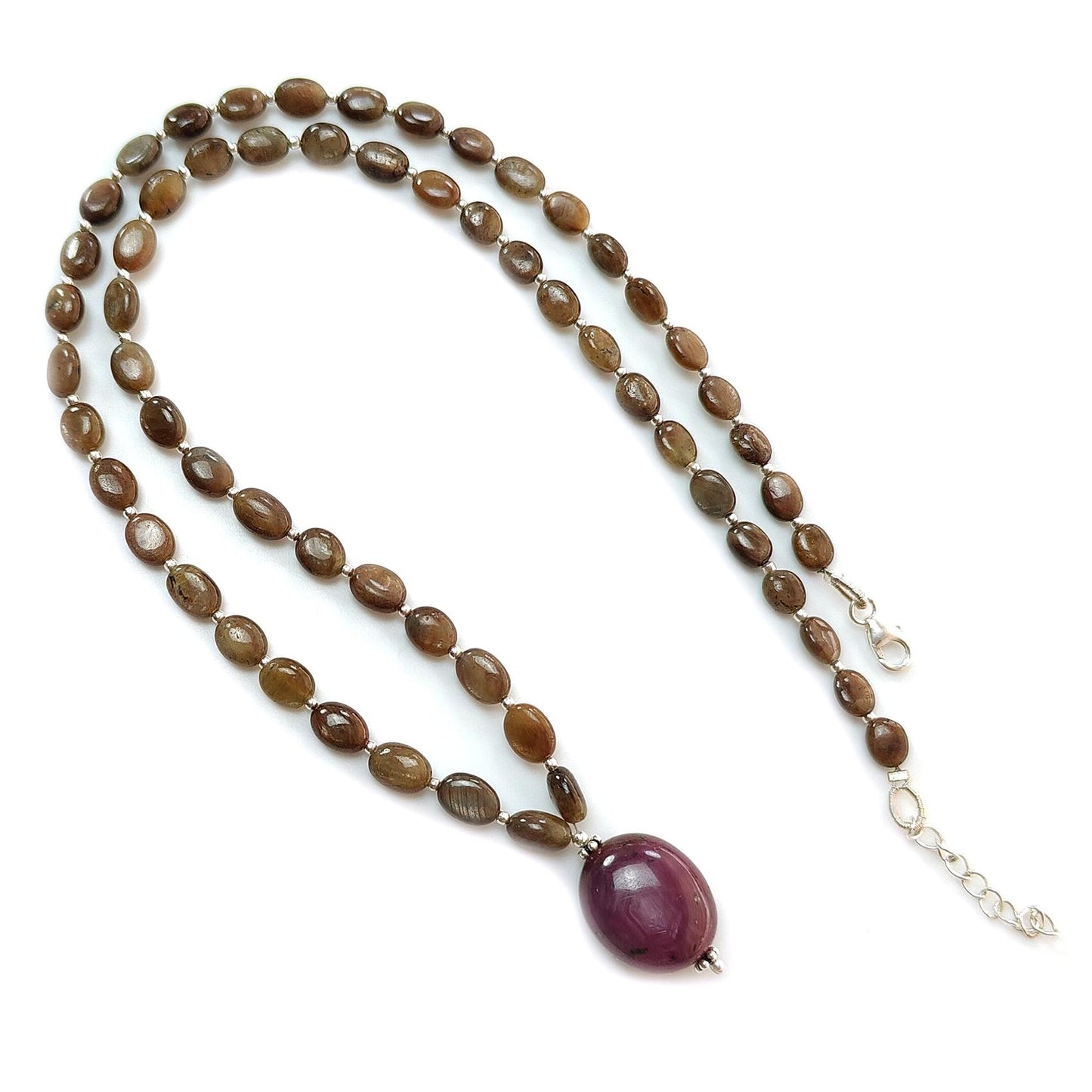 Golden Chocolate Sapphire Gemstone Beads Necklace: 24.06gms Natural Ruby, Sapphire Plain Oval 925 Silver Necklace 6*5mm - 8*5.5mm 22"