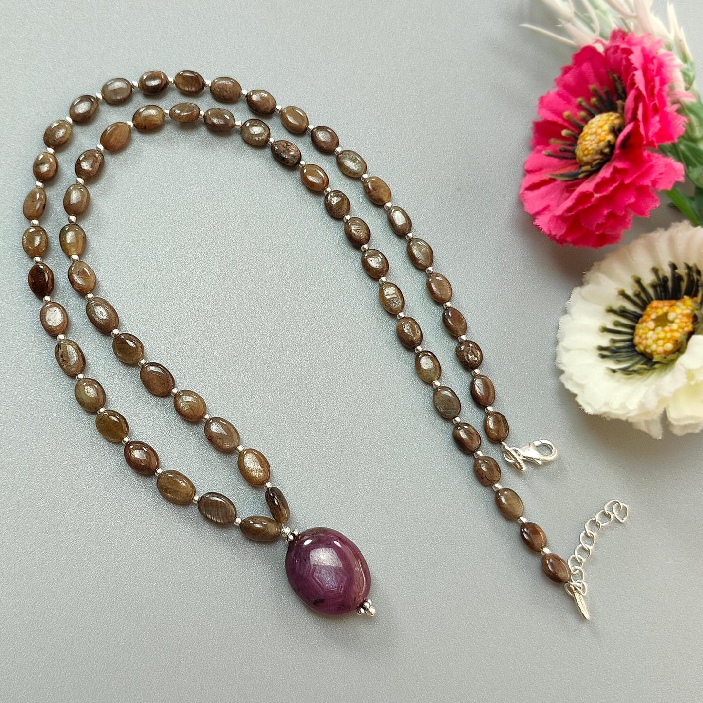 Golden Chocolate Sapphire Gemstone Beads Necklace: 24.06gms Natural Ruby, Sapphire Plain Oval 925 Silver Necklace 6*5mm - 8*5.5mm 22"