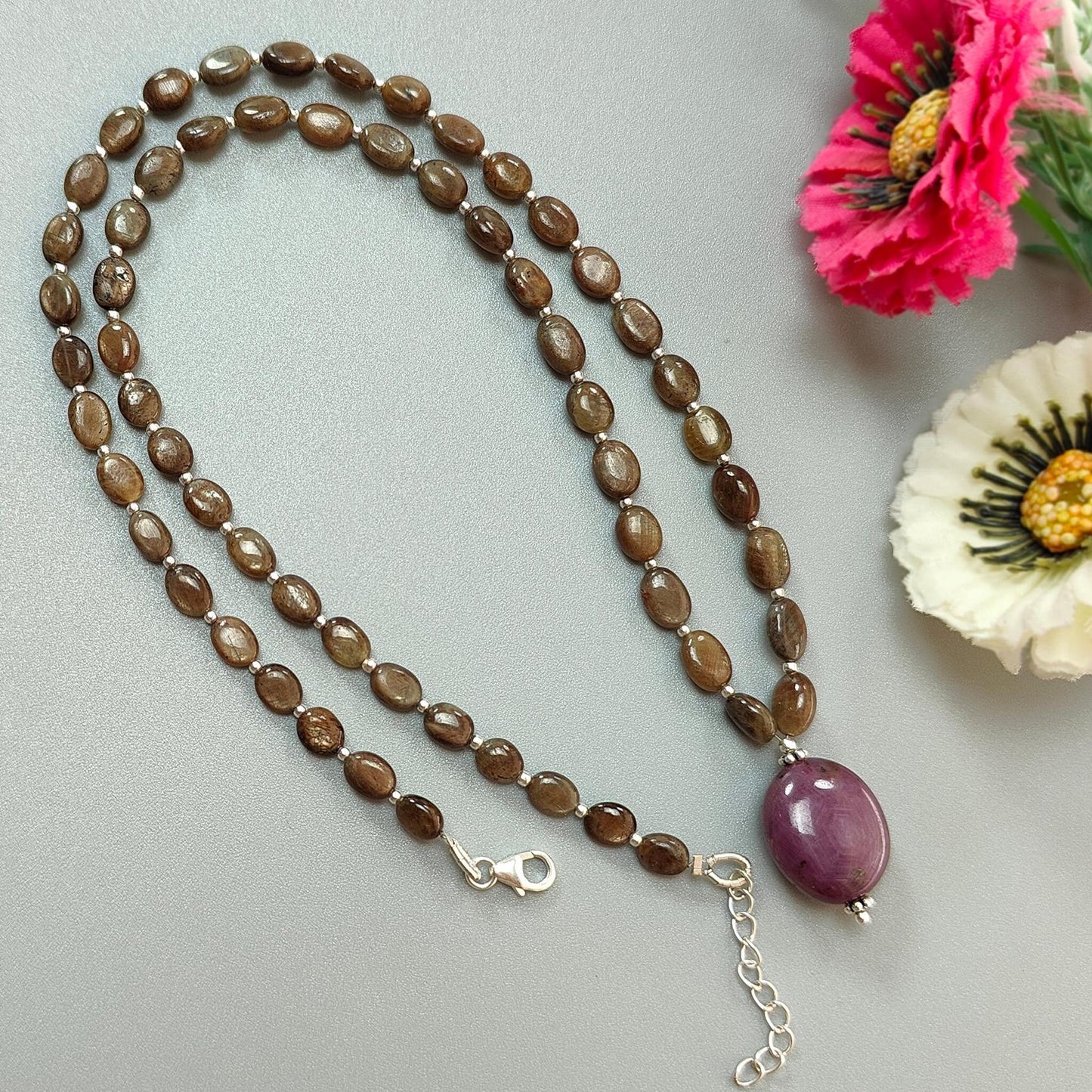 Golden Chocolate Sapphire Gemstone Beads Necklace: 24.06gms Natural Ruby, Sapphire Plain Oval 925 Silver Necklace 6*5mm - 8*5.5mm 22"