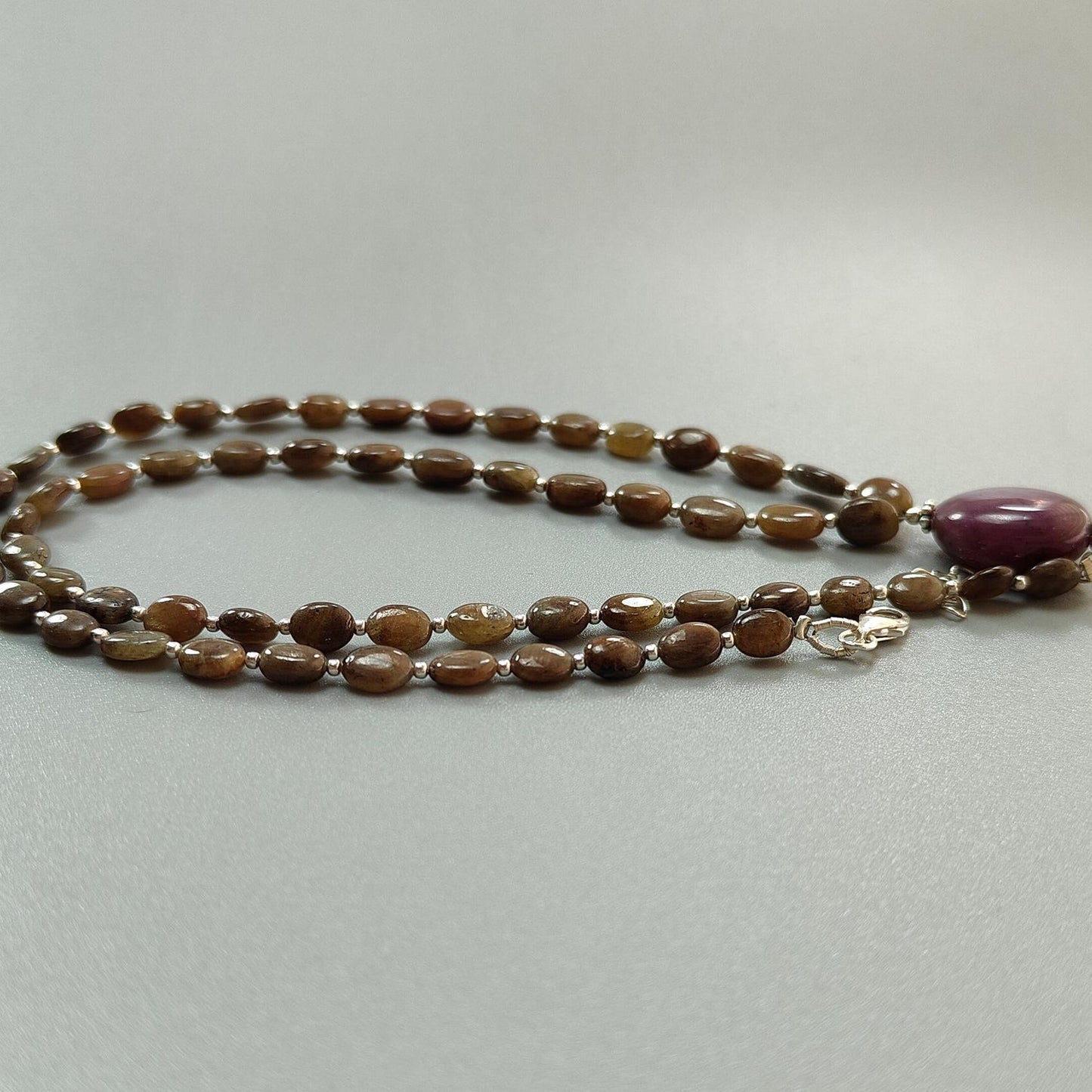 Golden Chocolate Sapphire Gemstone Beads Necklace: 24.06gms Natural Ruby, Sapphire Plain Oval 925 Silver Necklace 6*5mm - 8*5.5mm 22"