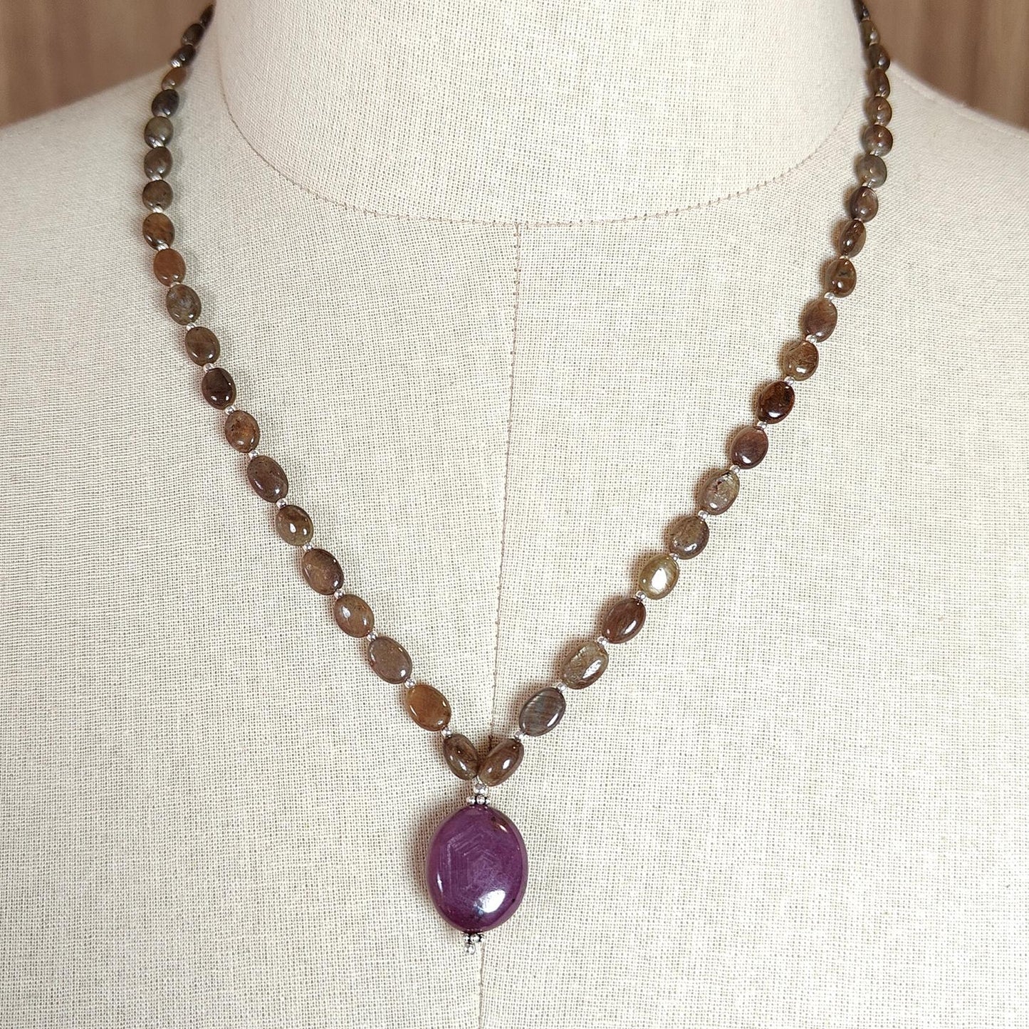 Golden Chocolate Sapphire Gemstone Beads Necklace: 24.06gms Natural Ruby, Sapphire Plain Oval 925 Silver Necklace 6*5mm - 8*5.5mm 22"