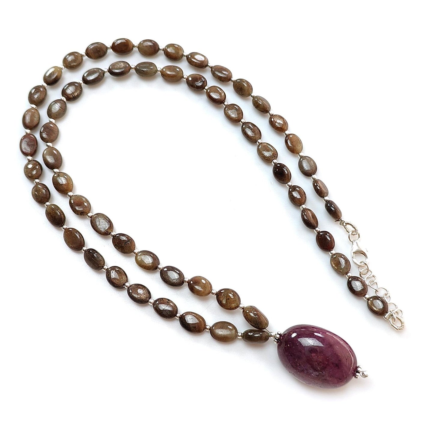 Golden Chocolate Sapphire Gemstone Beads Necklace: 25.21gms Natural Ruby, Sapphire Plain Oval 925 Silver Necklace 6*5mm - 8*6mm 20"