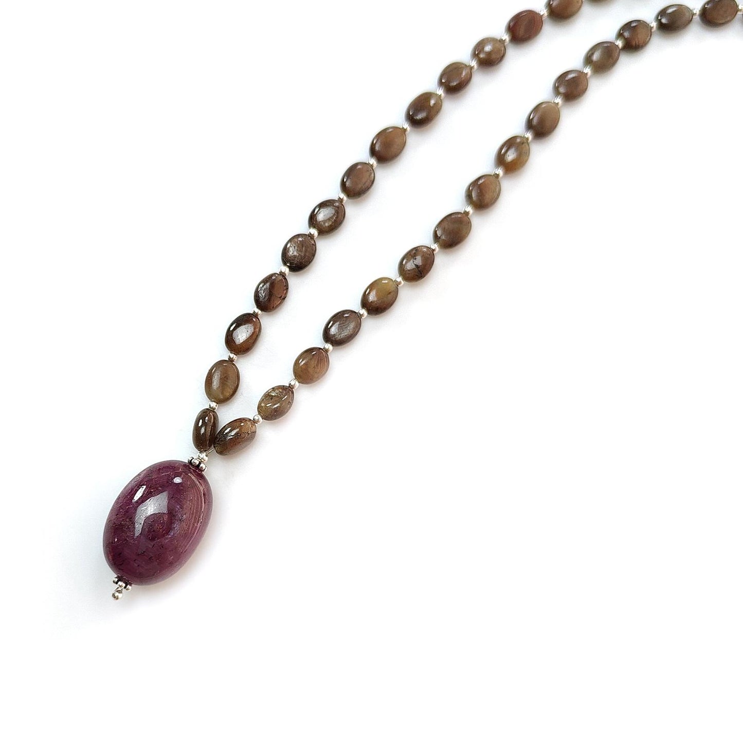 Golden Chocolate Sapphire Gemstone Beads Necklace: 25.21gms Natural Ruby, Sapphire Plain Oval 925 Silver Necklace 6*5mm - 8*6mm 20"