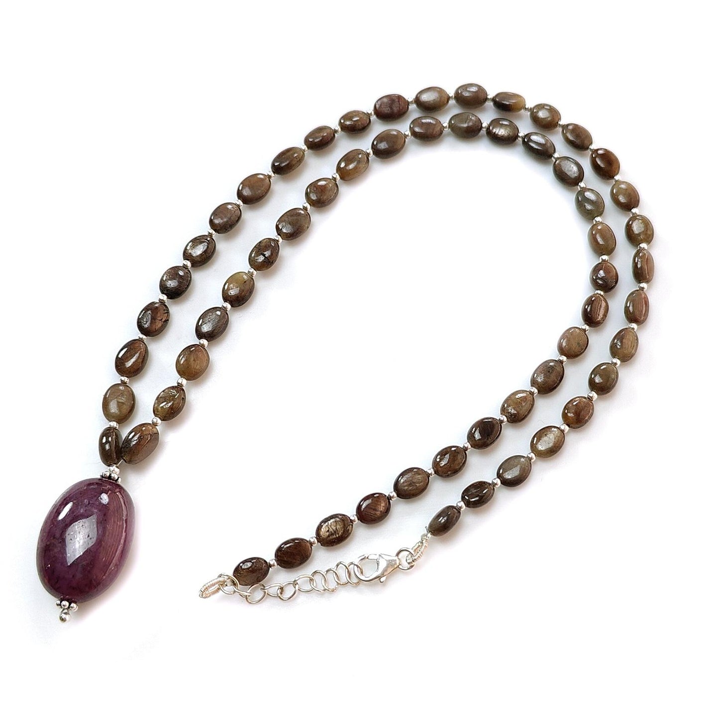 Golden Chocolate Sapphire Gemstone Beads Necklace: 25.21gms Natural Ruby, Sapphire Plain Oval 925 Silver Necklace 6*5mm - 8*6mm 20"