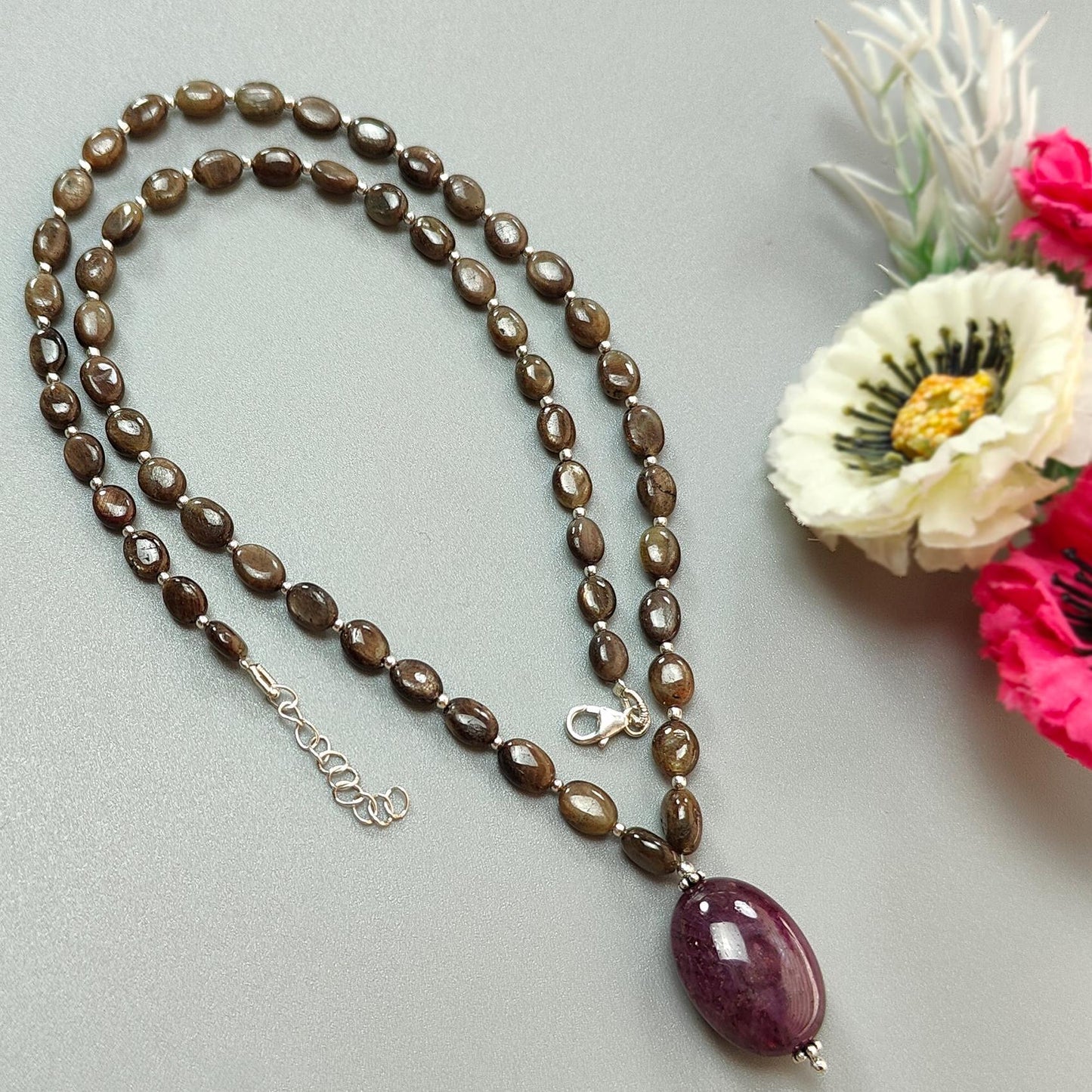 Golden Chocolate Sapphire Gemstone Beads Necklace: 25.21gms Natural Ruby, Sapphire Plain Oval 925 Silver Necklace 6*5mm - 8*6mm 20"