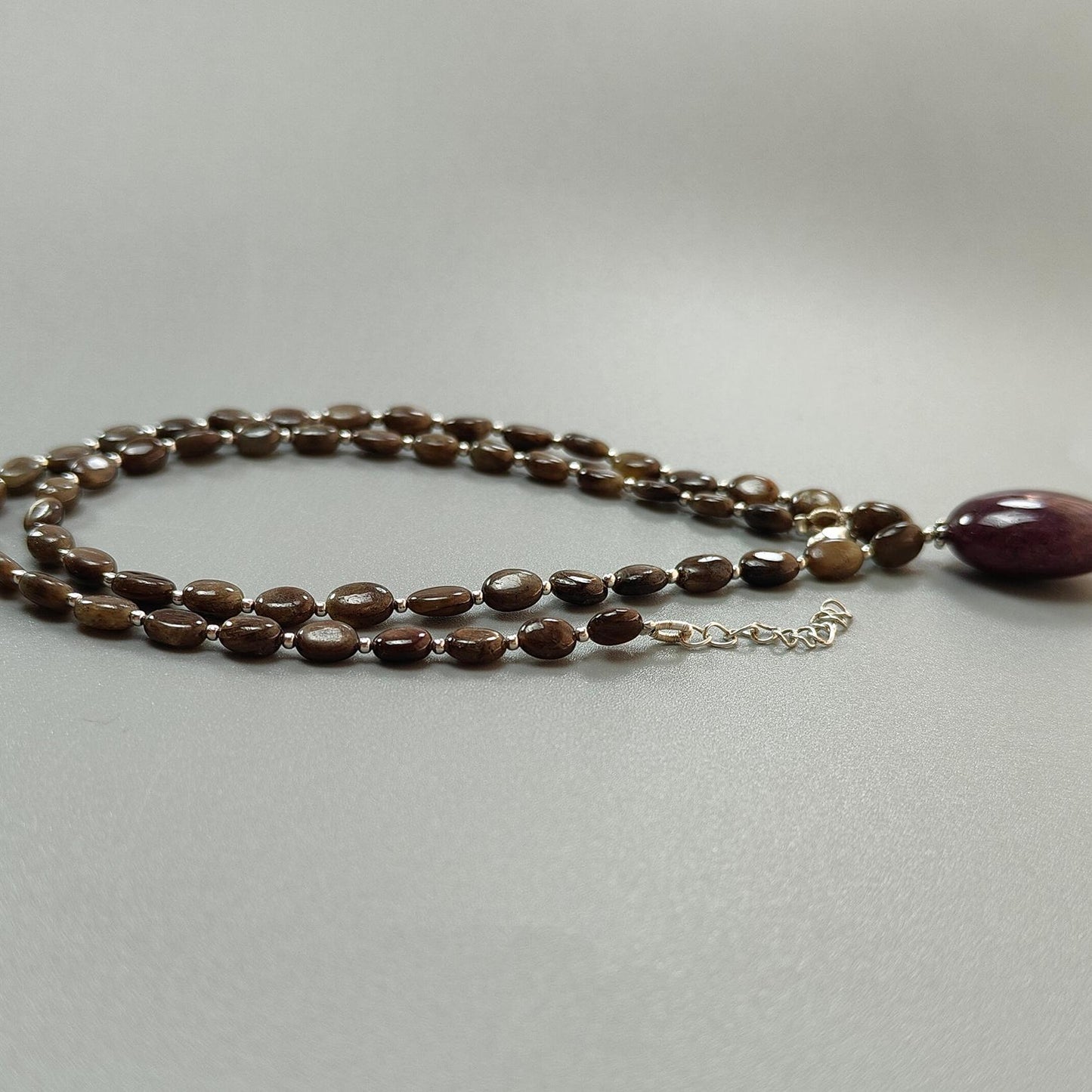 Golden Chocolate Sapphire Gemstone Beads Necklace: 25.21gms Natural Ruby, Sapphire Plain Oval 925 Silver Necklace 6*5mm - 8*6mm 20"