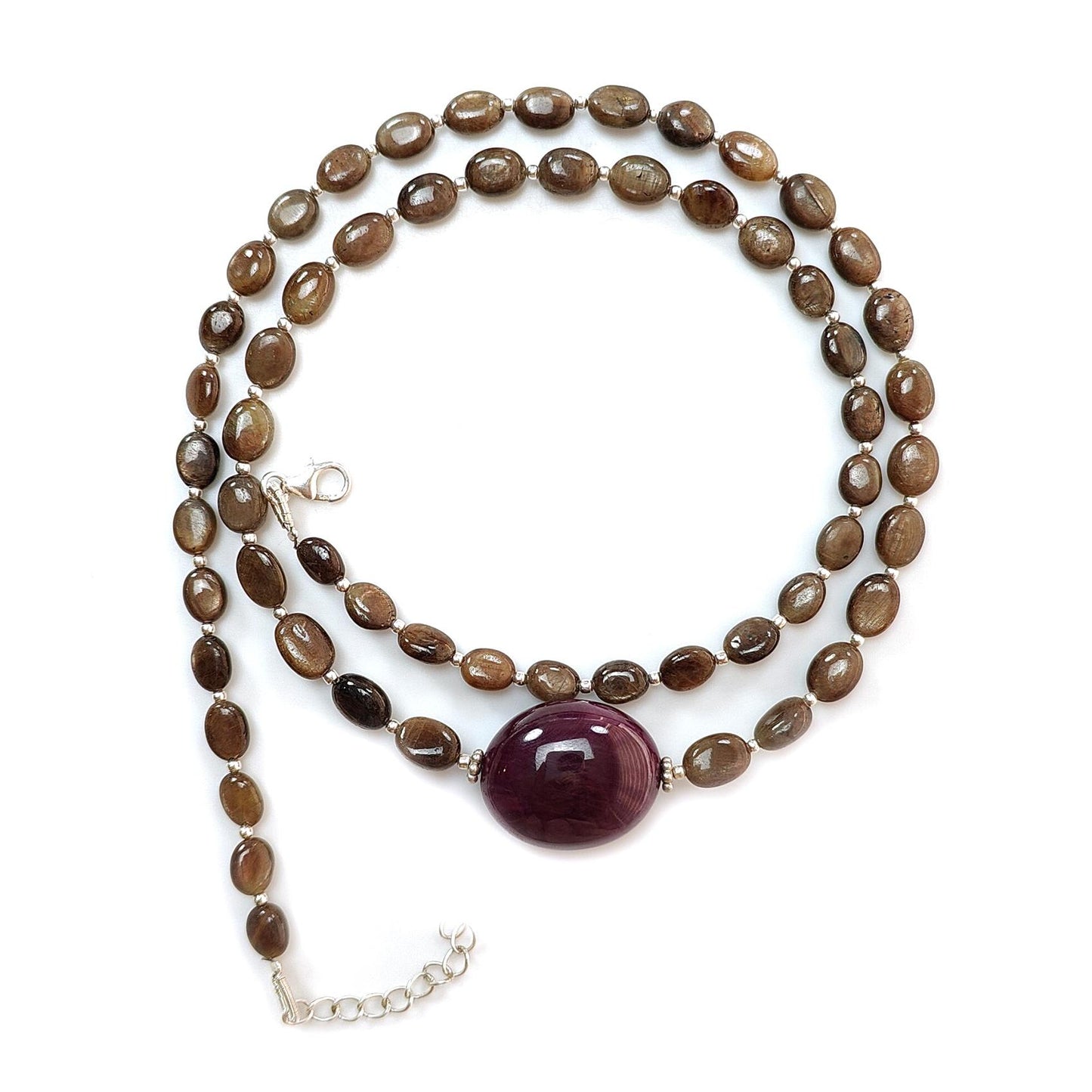 Golden Chocolate Sapphire Gemstone Beads Necklace: 28.11gms Natural Ruby, Sapphire Plain Oval 925 Silver Necklace 6*5mm - 8*6mm 20"