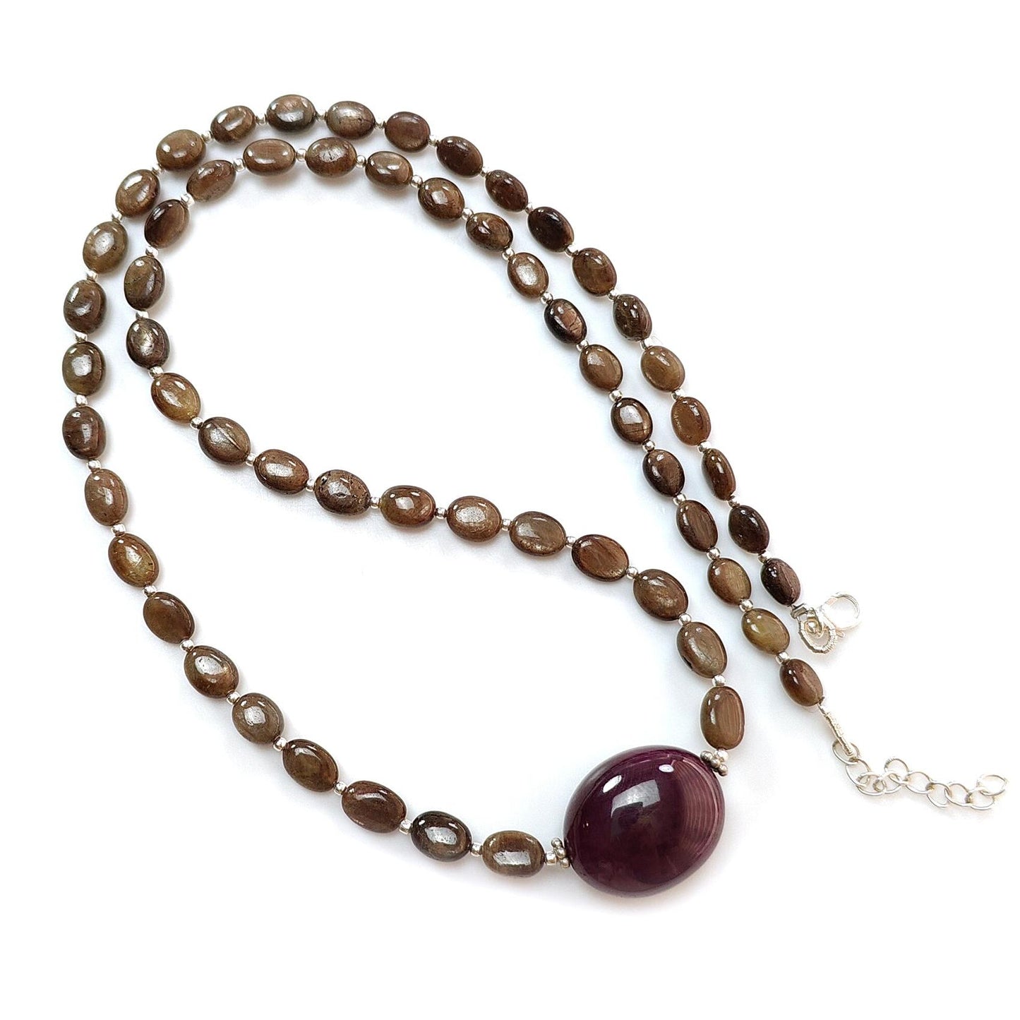 Golden Chocolate Sapphire Gemstone Beads Necklace: 28.11gms Natural Ruby, Sapphire Plain Oval 925 Silver Necklace 6*5mm - 8*6mm 20"