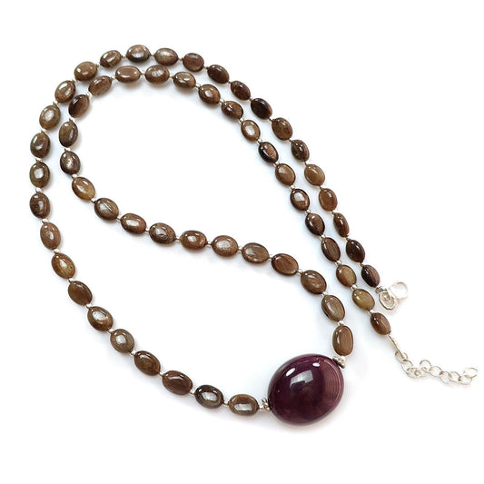 Golden Chocolate Sapphire Gemstone Beads Necklace: 28.11gms Natural Ruby, Sapphire Plain Oval 925 Silver Necklace 6*5mm - 8*6mm 20"