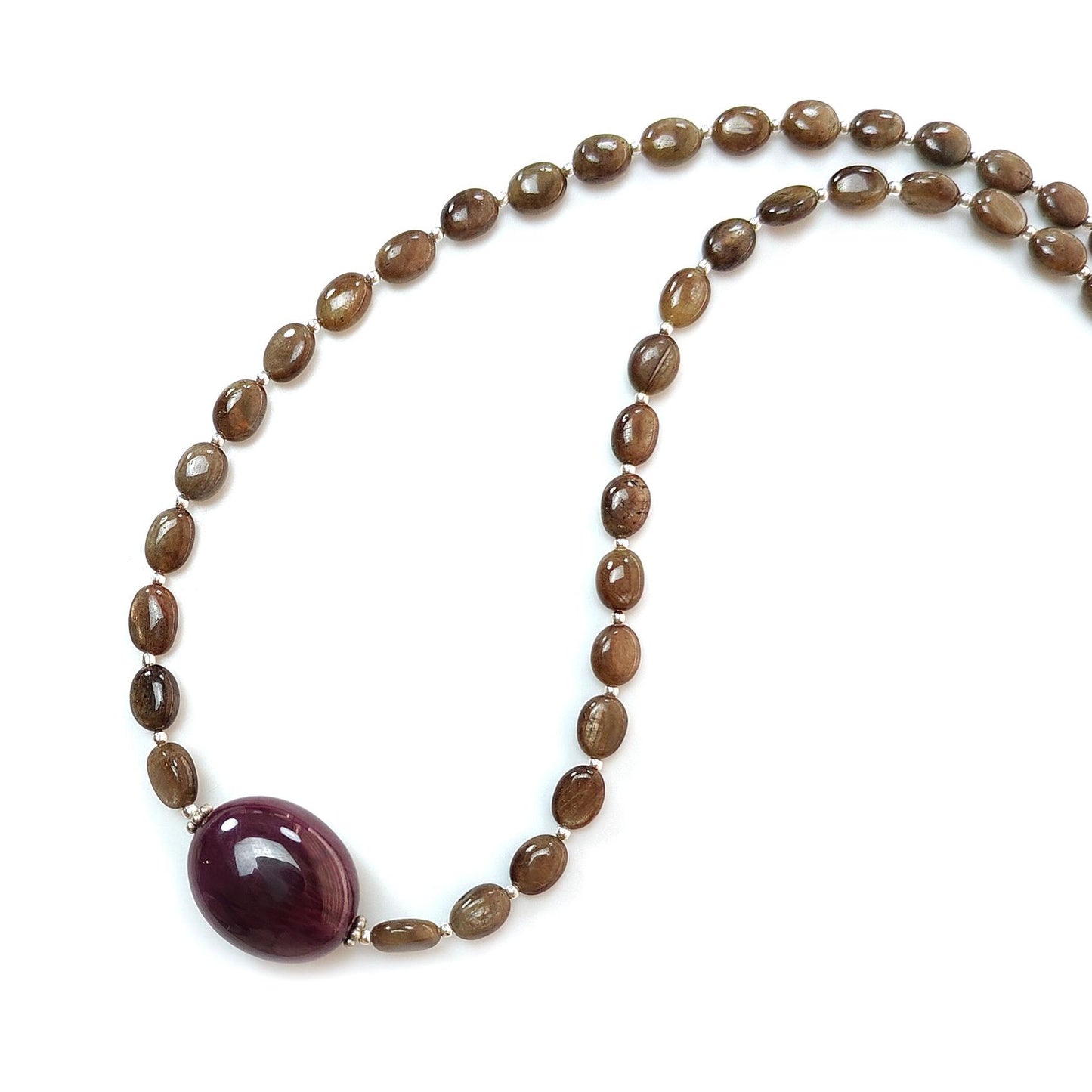 Golden Chocolate Sapphire Gemstone Beads Necklace: 28.11gms Natural Ruby, Sapphire Plain Oval 925 Silver Necklace 6*5mm - 8*6mm 20"