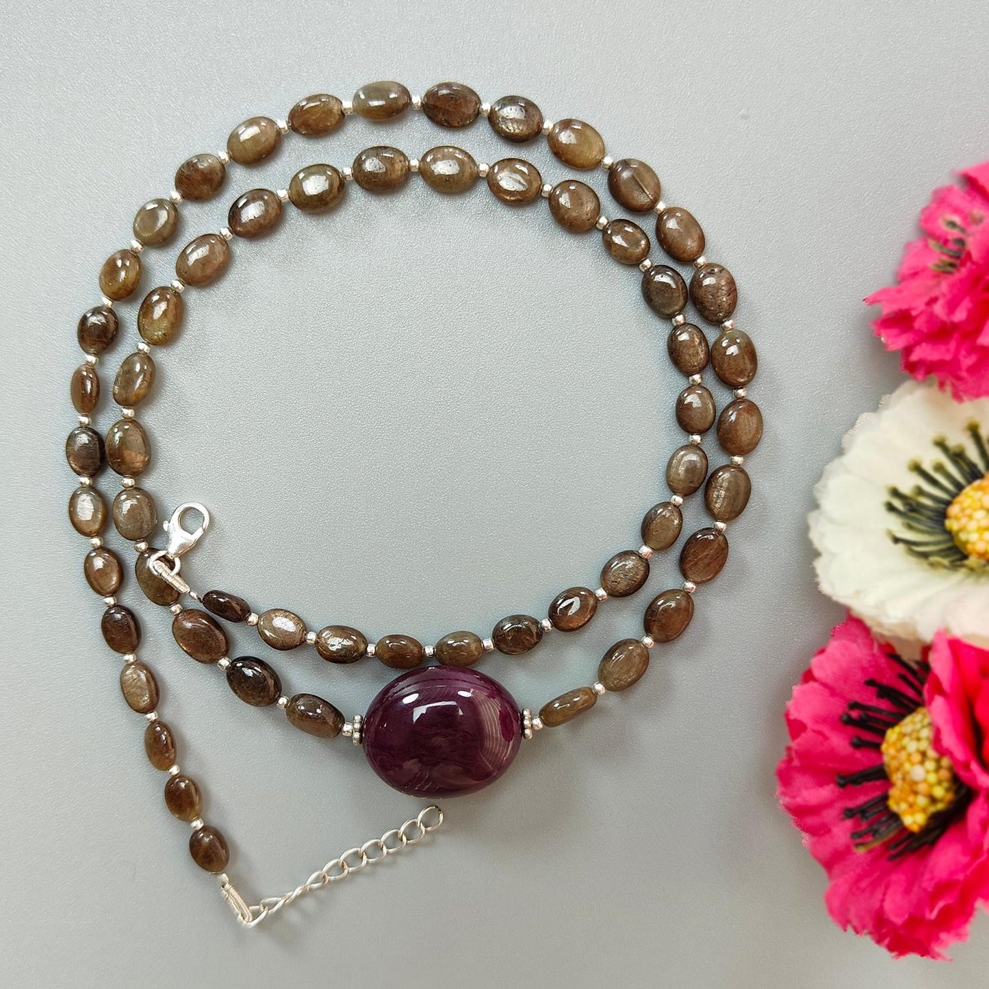 Golden Chocolate Sapphire Gemstone Beads Necklace: 28.11gms Natural Ruby, Sapphire Plain Oval 925 Silver Necklace 6*5mm - 8*6mm 20"