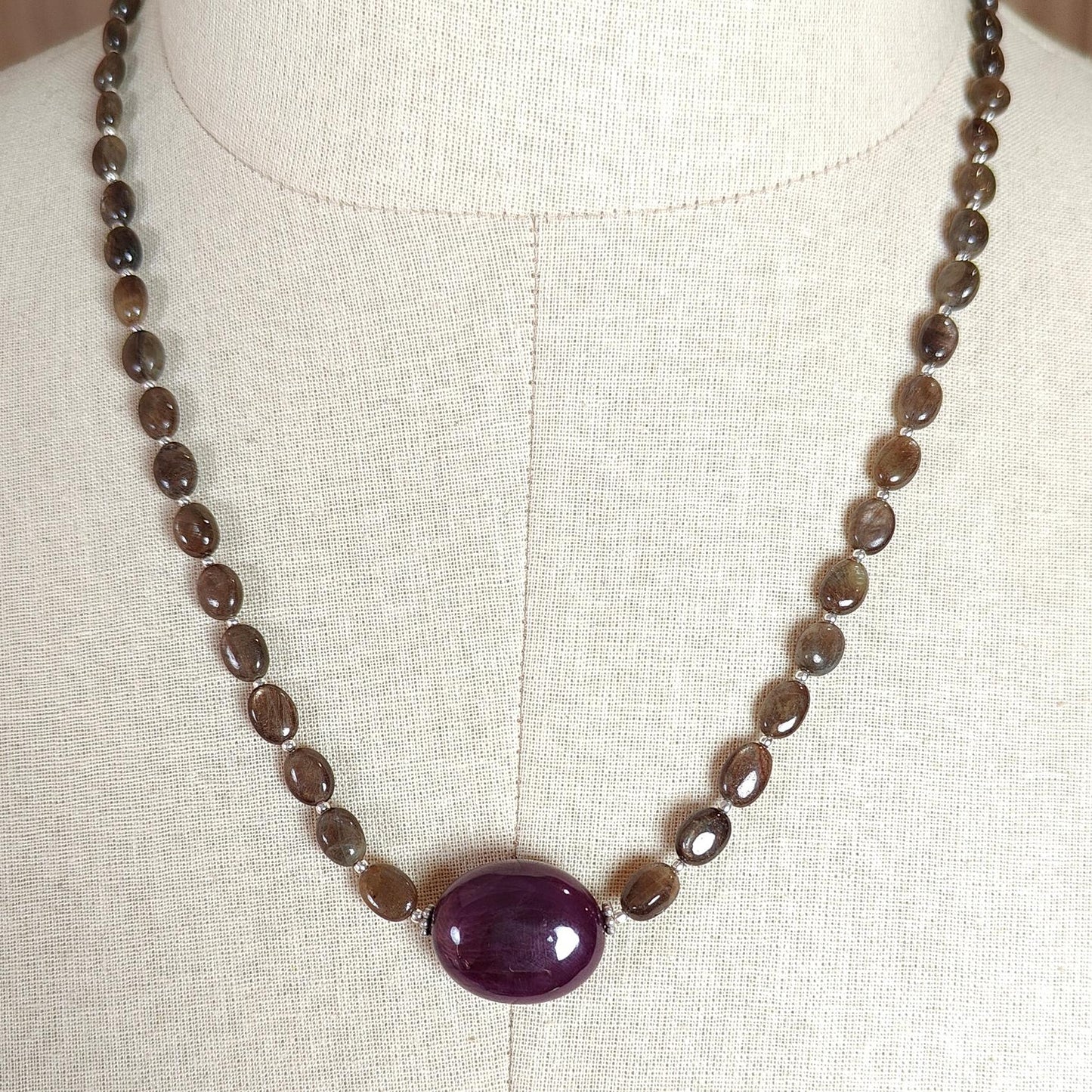 Golden Chocolate Sapphire Gemstone Beads Necklace: 28.11gms Natural Ruby, Sapphire Plain Oval 925 Silver Necklace 6*5mm - 8*6mm 20"