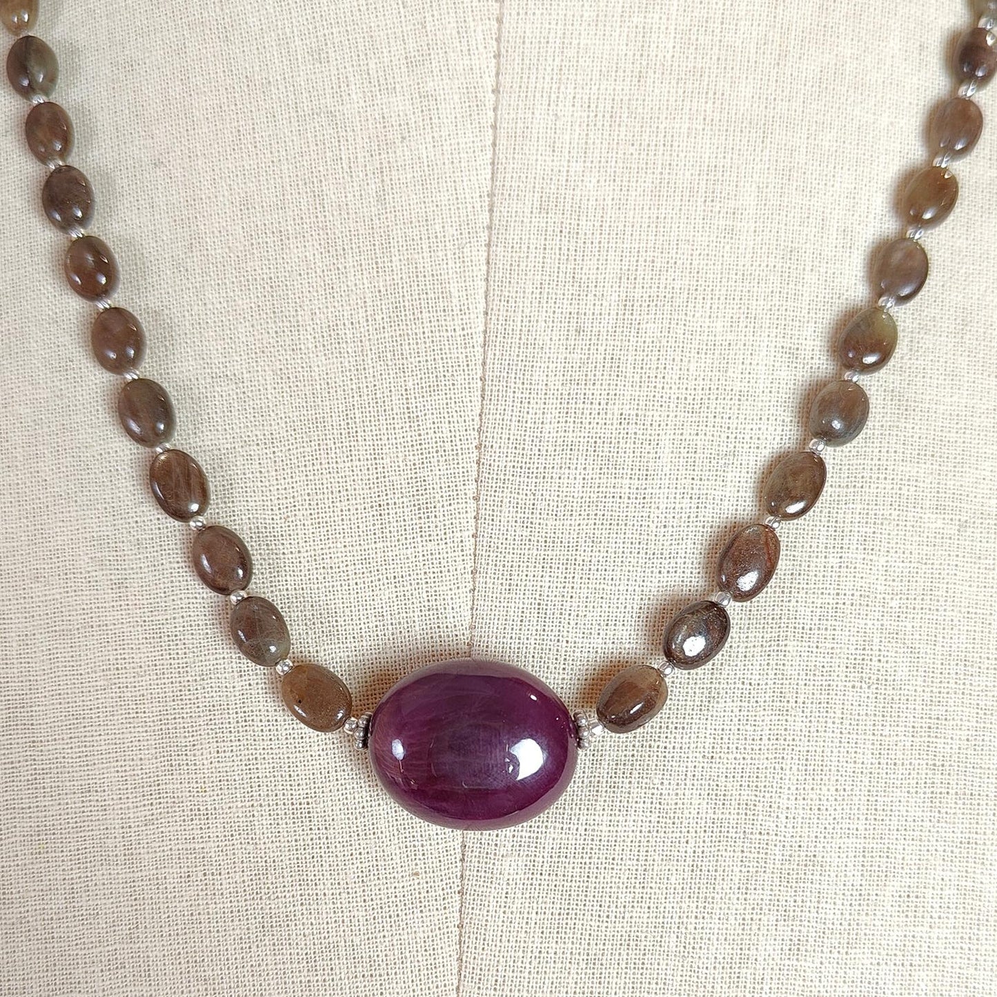 Golden Chocolate Sapphire Gemstone Beads Necklace: 28.11gms Natural Ruby, Sapphire Plain Oval 925 Silver Necklace 6*5mm - 8*6mm 20"