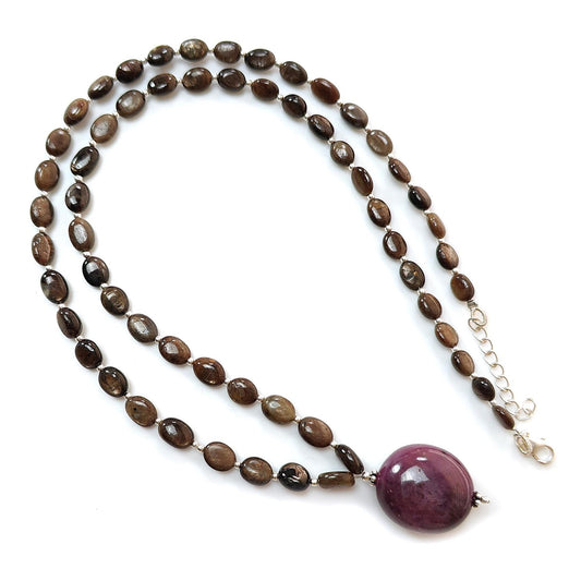 Golden Chocolate Sapphire Gemstone Beads Necklace: 29.10gms Natural Ruby, Sapphire Plain Oval 925 Silver Necklace 6*5mm - 8*6mm 22"