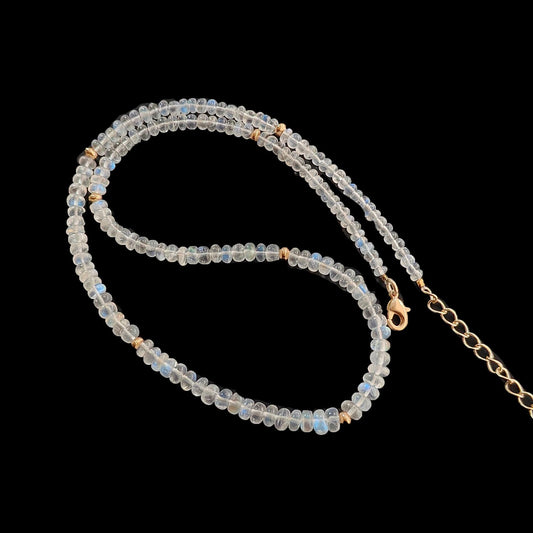 Rainbow Moonstone Gemstone Beads Necklace: 13.88gms Natural Moonstone Plain Rondelle Brass Necklace 16.5" Necklace June Birthstone
