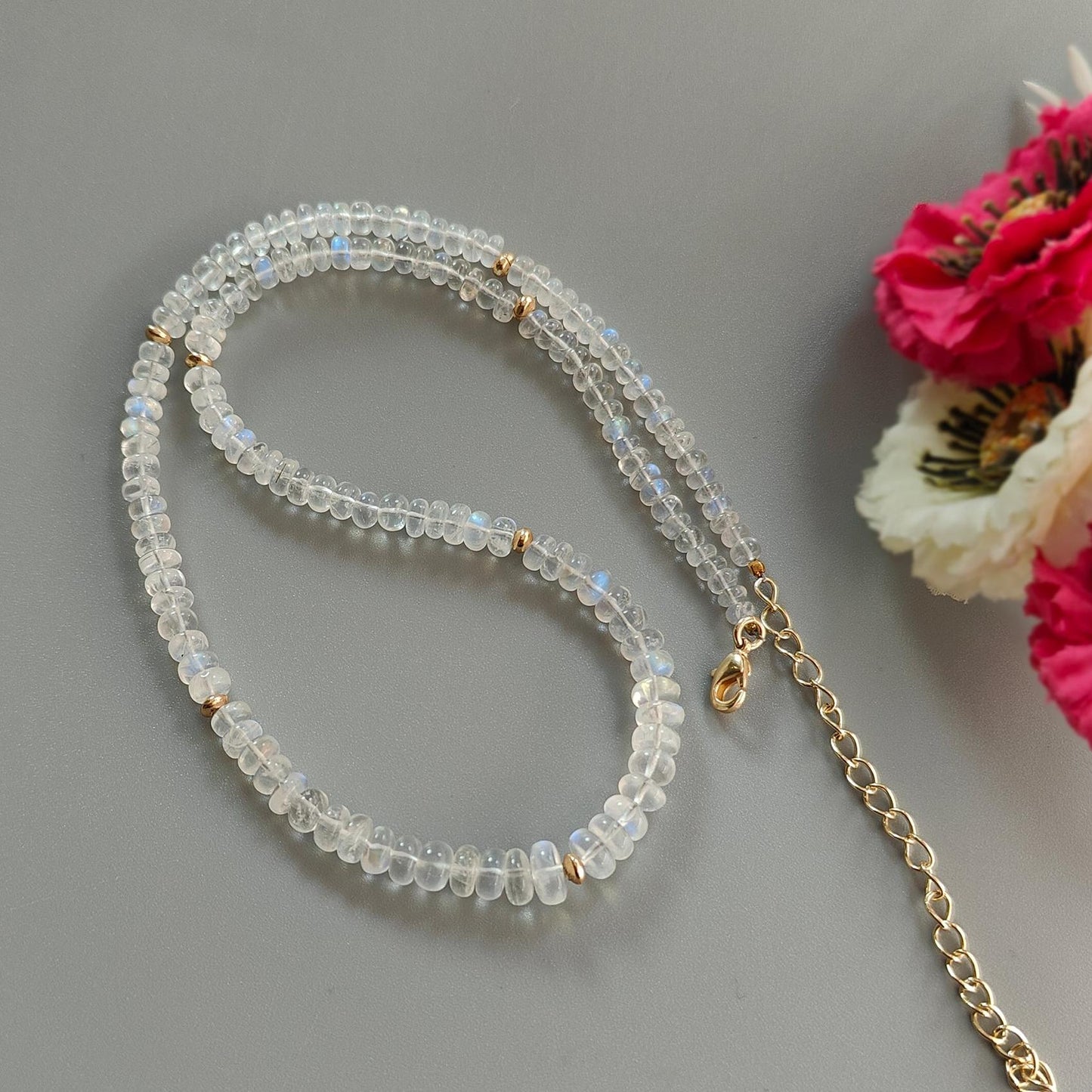 Rainbow Moonstone Gemstone Beads Necklace: 17.31gms Natural Moonstone Plain Rondelle Brass Necklace 16.5" Necklace June Birthstone