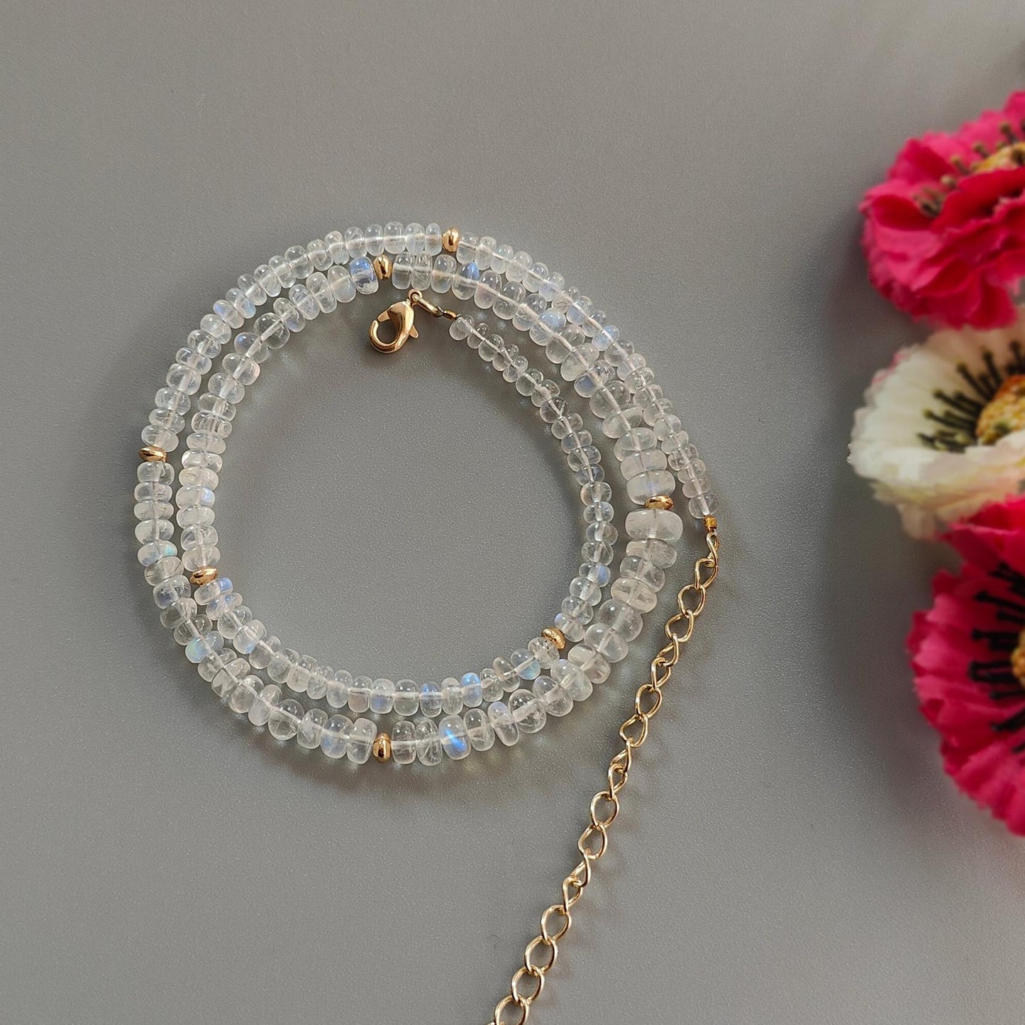 Rainbow Moonstone Gemstone Beads Necklace: 17.31gms Natural Moonstone Plain Rondelle Brass Necklace 16.5" Necklace June Birthstone