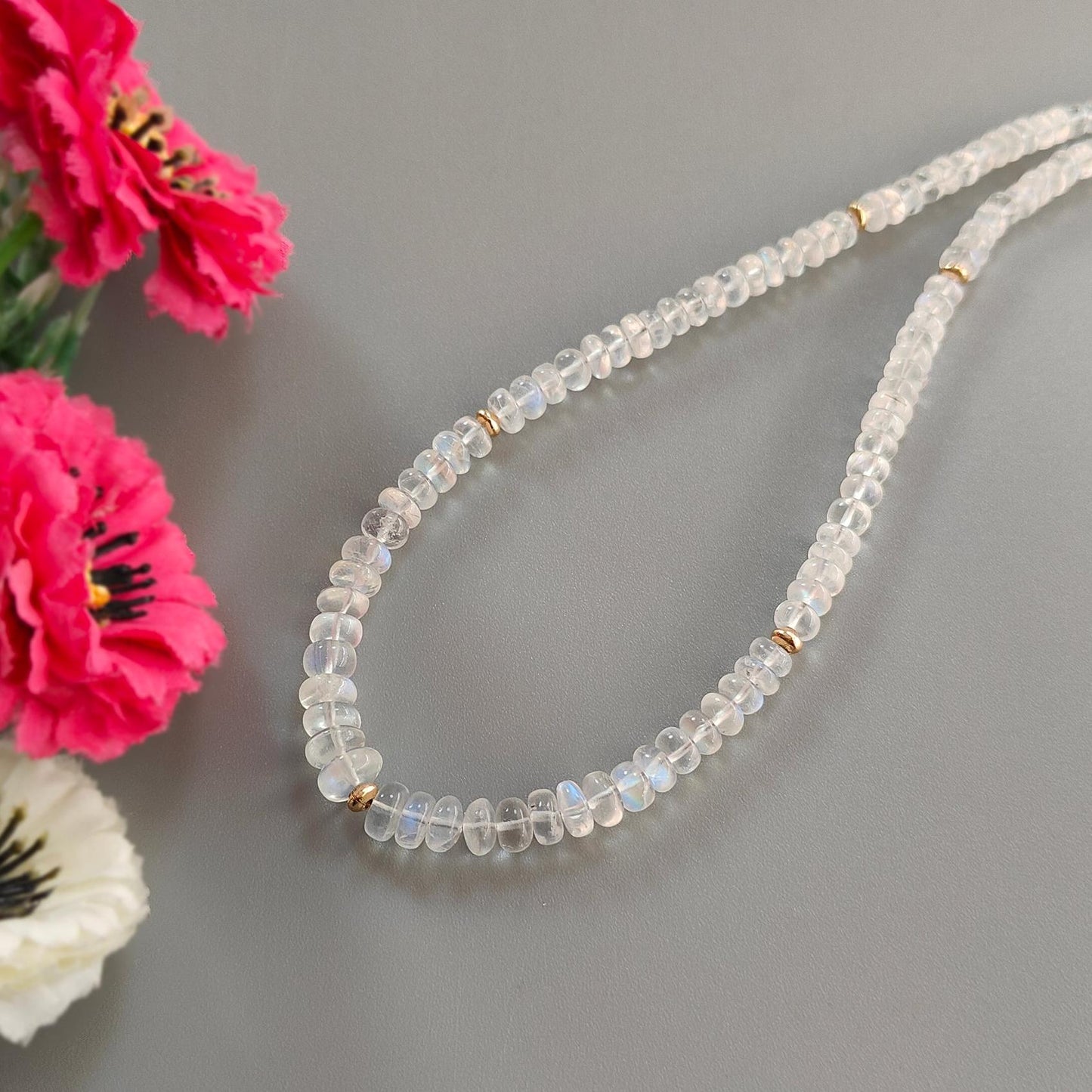 Rainbow Moonstone Gemstone Beads Necklace: 17.31gms Natural Moonstone Plain Rondelle Brass Necklace 16.5" Necklace June Birthstone