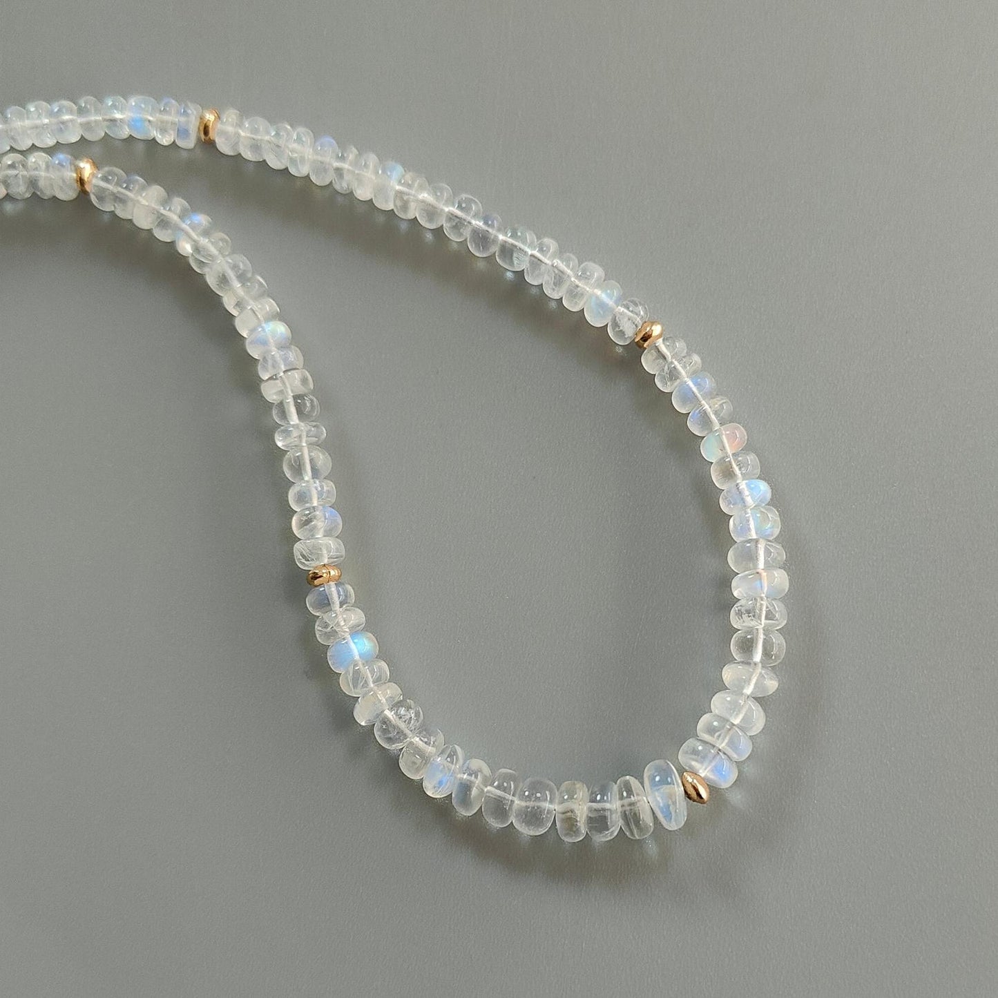 Rainbow Moonstone Gemstone Beads Necklace: 17.31gms Natural Moonstone Plain Rondelle Brass Necklace 16.5" Necklace June Birthstone