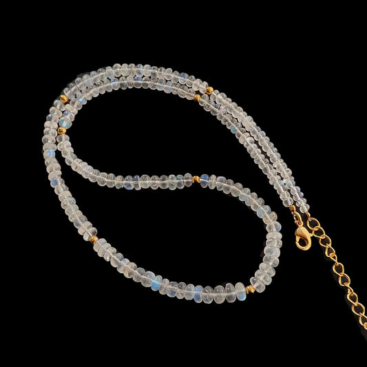 Rainbow Moonstone Gemstone Beads Necklace: 14.19gms Natural Moonstone Plain Rondelle Brass Necklace 17" Necklace June Birthstone