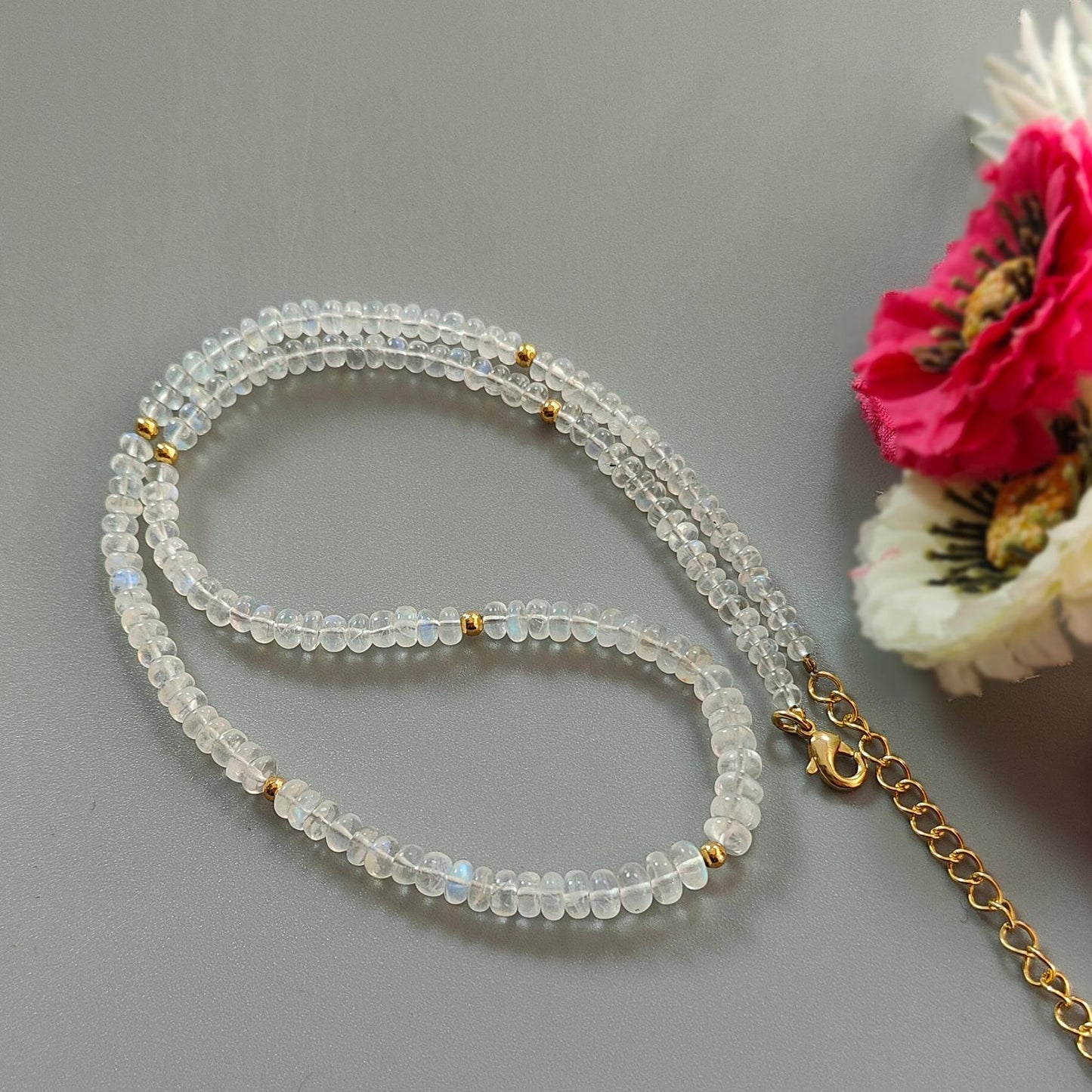 Rainbow Moonstone Gemstone Beads Necklace: 14.19gms Natural Moonstone Plain Rondelle Brass Necklace 17" Necklace June Birthstone