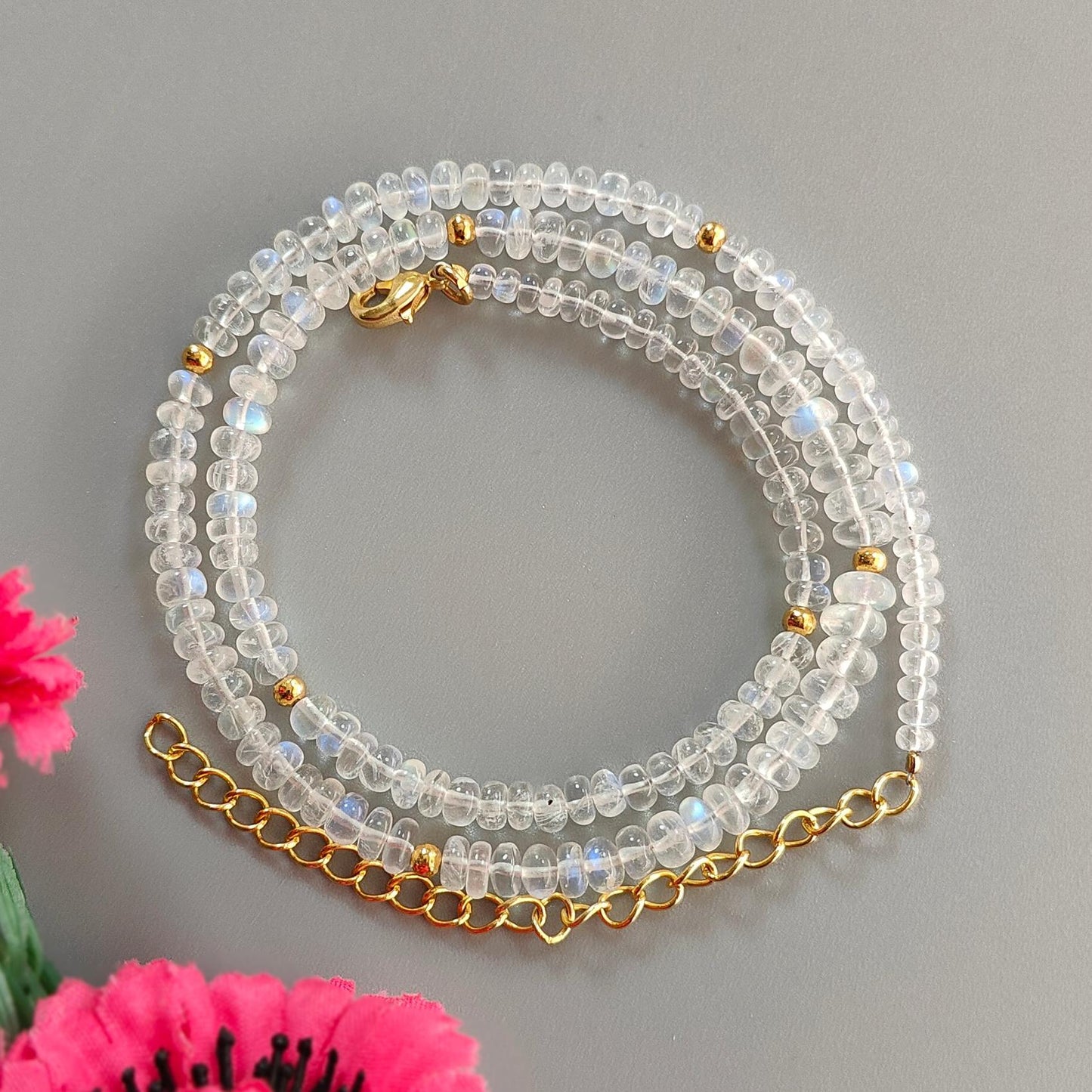 Rainbow Moonstone Gemstone Beads Necklace: 14.19gms Natural Moonstone Plain Rondelle Brass Necklace 17" Necklace June Birthstone