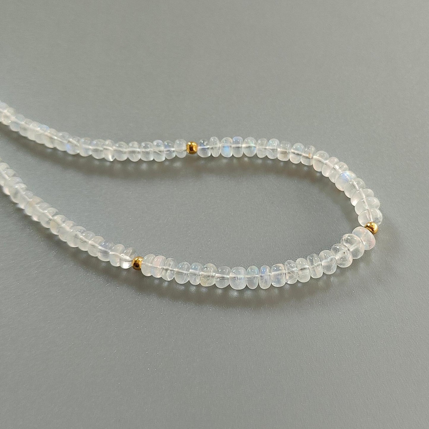 Rainbow Moonstone Gemstone Beads Necklace: 14.19gms Natural Moonstone Plain Rondelle Brass Necklace 17" Necklace June Birthstone