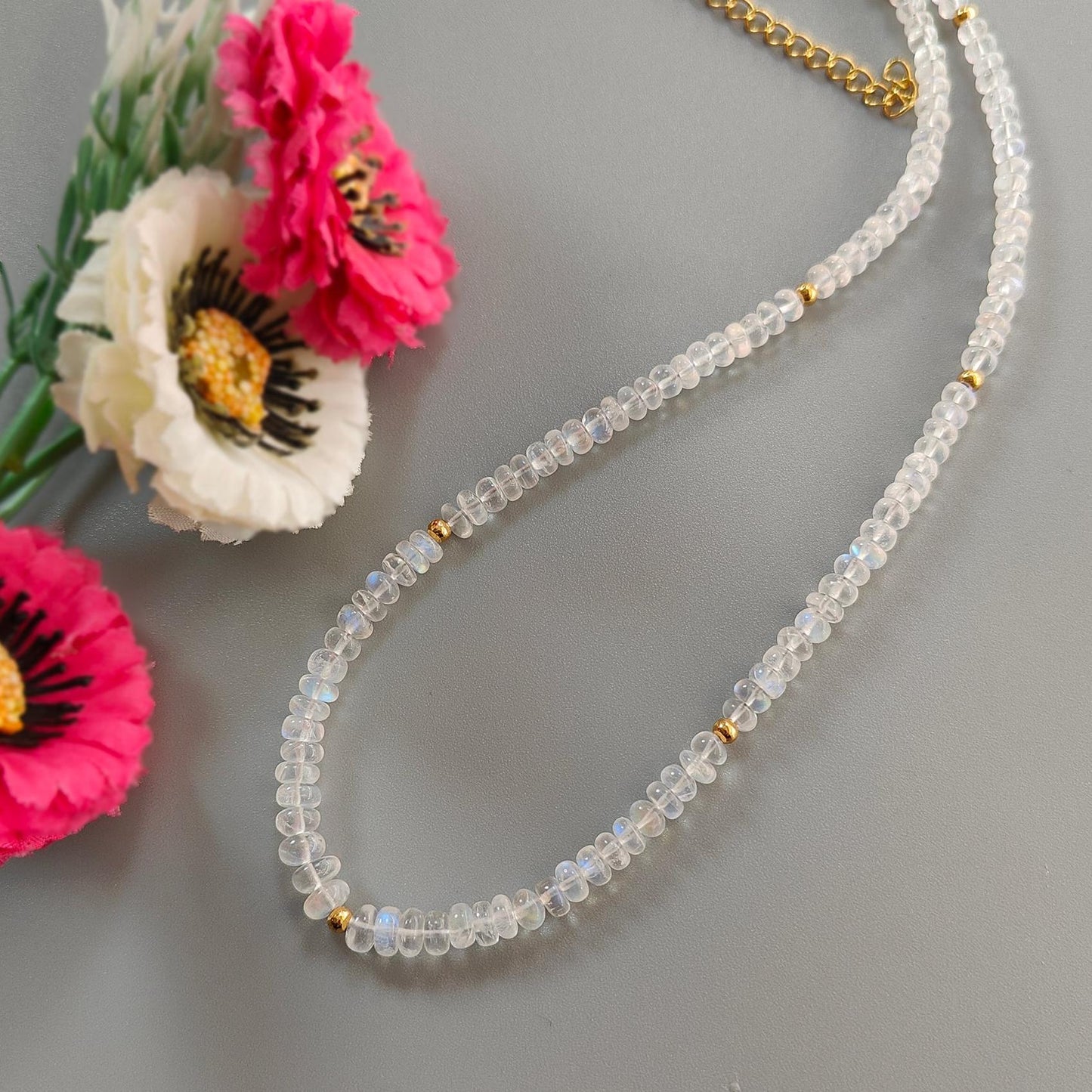 Rainbow Moonstone Gemstone Beads Necklace: 14.19gms Natural Moonstone Plain Rondelle Brass Necklace 17" Necklace June Birthstone