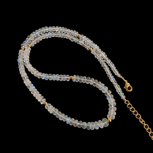 Rainbow Moonstone Gemstone Beads Necklace: 15.51gms Natural Moonstone Plain Rondelle Brass Necklace 17" Necklace June Birthstone