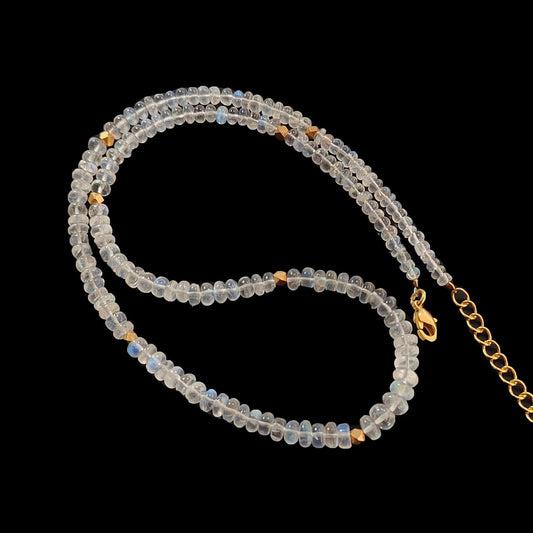 Rainbow Moonstone Gemstone Beads Necklace: 14.55gms Natural Moonstone Plain Rondelle Brass Necklace 16.5" Necklace June Birthstone