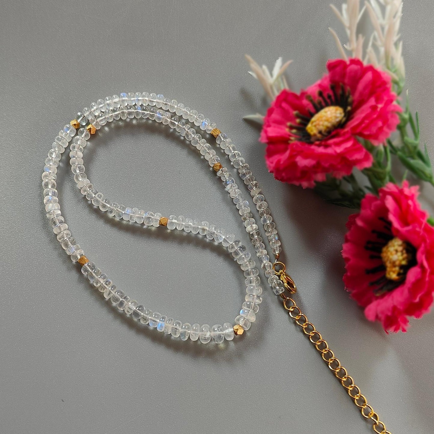 Rainbow Moonstone Gemstone Beads Necklace: 14.55gms Natural Moonstone Plain Rondelle Brass Necklace 16.5" Necklace June Birthstone