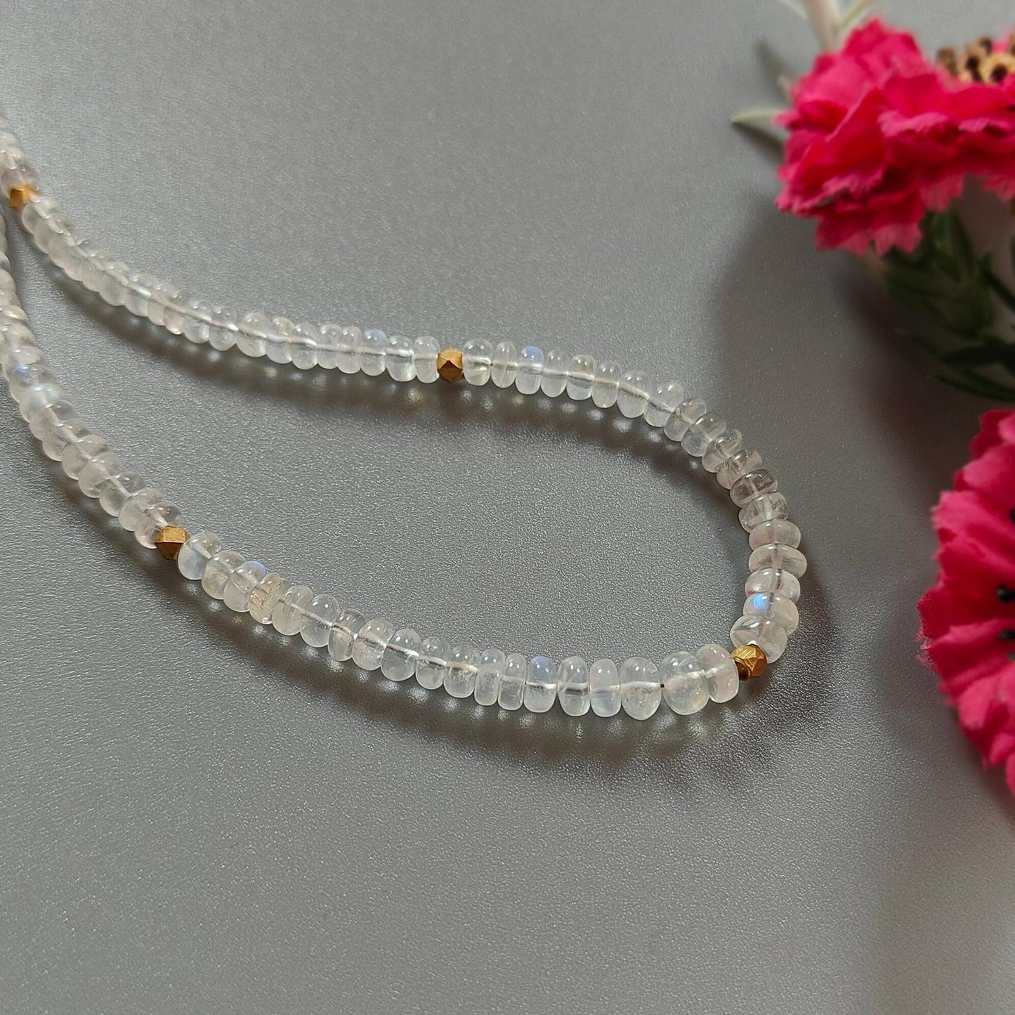 Rainbow Moonstone Gemstone Beads Necklace: 14.55gms Natural Moonstone Plain Rondelle Brass Necklace 16.5" Necklace June Birthstone