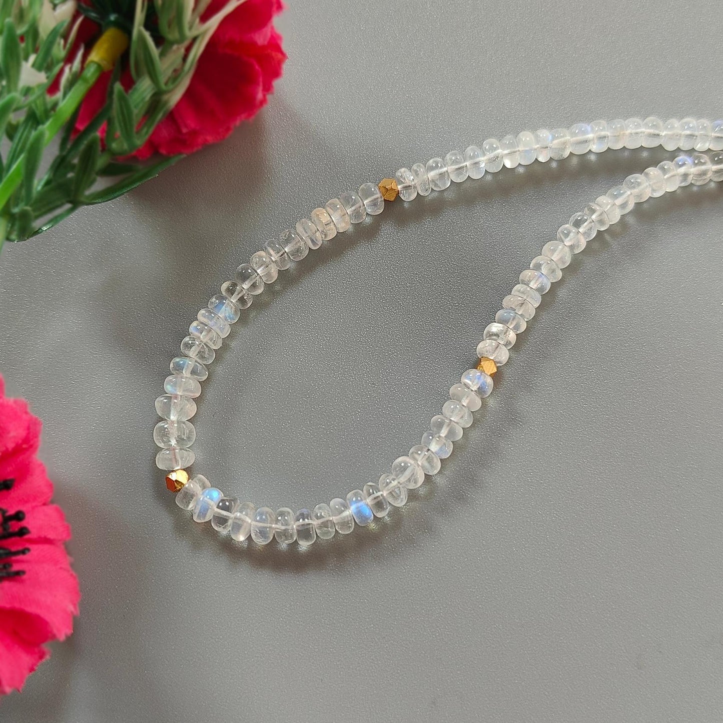 Rainbow Moonstone Gemstone Beads Necklace: 14.55gms Natural Moonstone Plain Rondelle Brass Necklace 16.5" Necklace June Birthstone