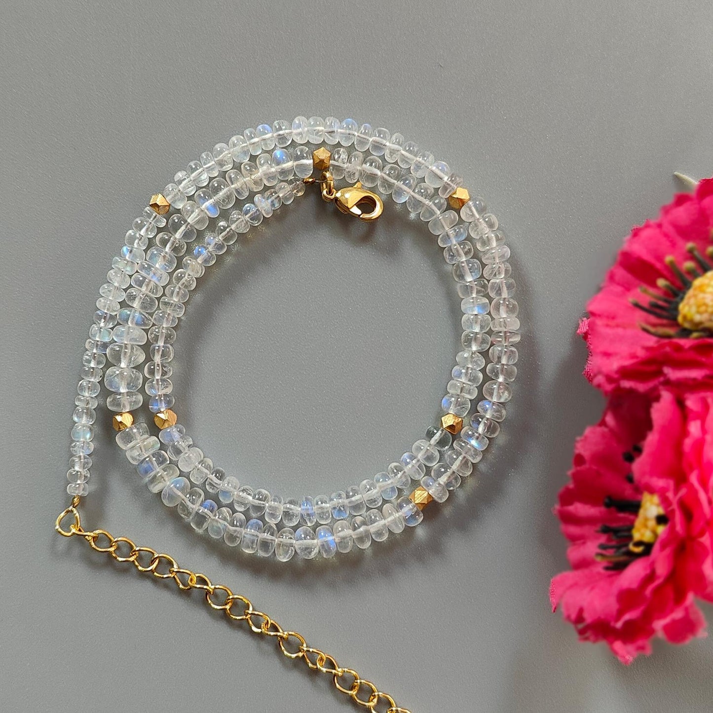 Rainbow Moonstone Gemstone Beads Necklace: 14.55gms Natural Moonstone Plain Rondelle Brass Necklace 16.5" Necklace June Birthstone