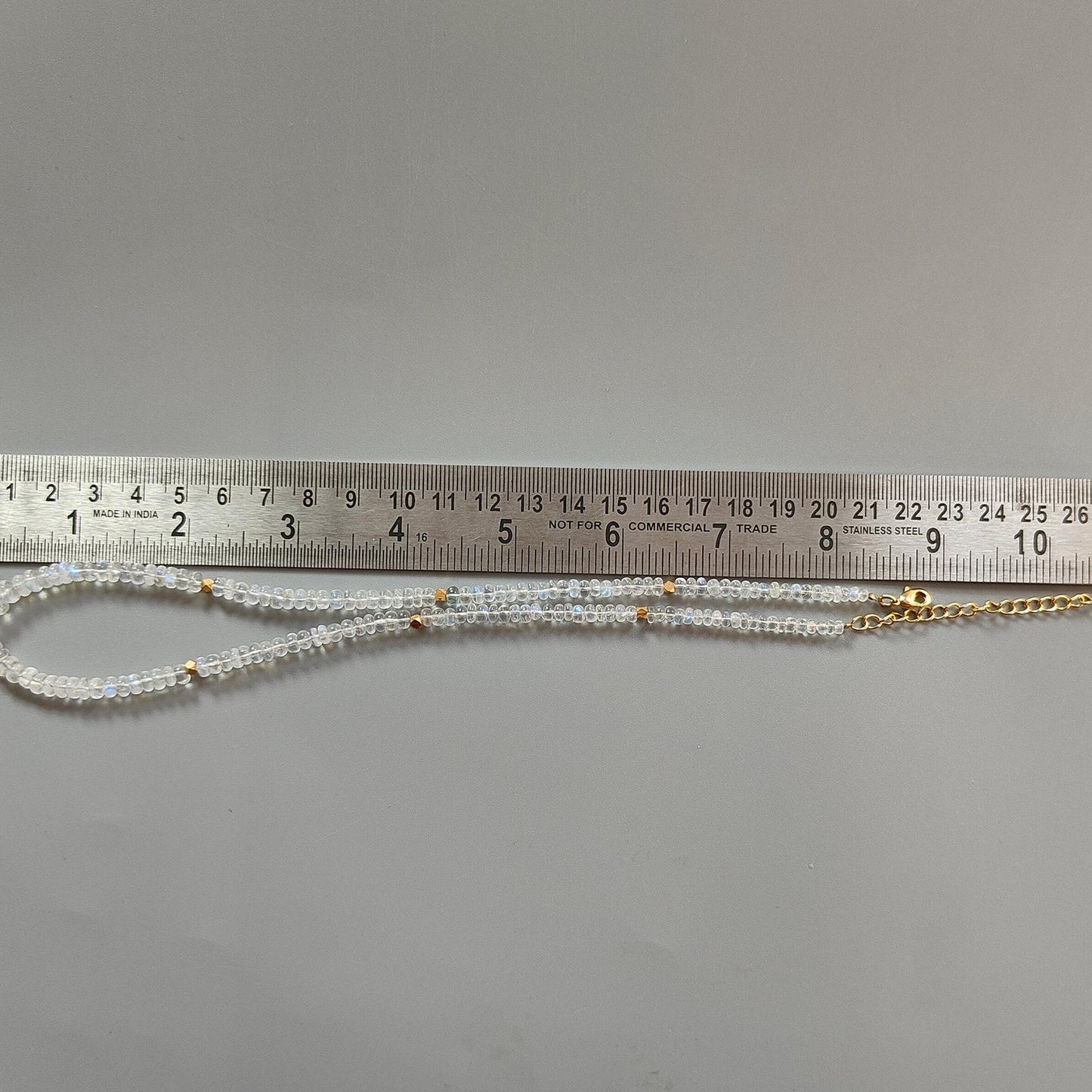 Rainbow Moonstone Gemstone Beads Necklace: 14.55gms Natural Moonstone Plain Rondelle Brass Necklace 16.5" Necklace June Birthstone