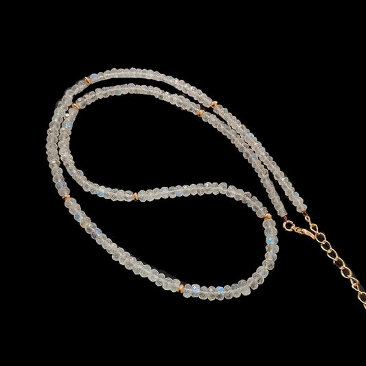 Rainbow Moonstone Gemstone Beads Necklace: 15.49gms Natural Moonstone Plain Rondelle Brass Necklace 19" Necklace June Birthstone