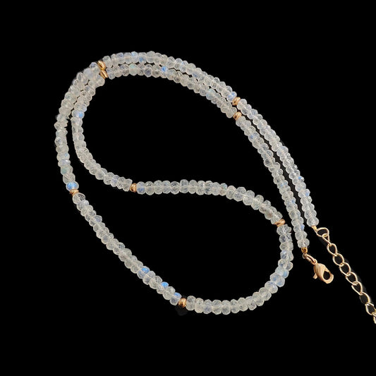 Rainbow Moonstone Gemstone Beads Necklace: 15.79gms Natural Moonstone Plain Rondelle Brass Necklace 19" Necklace June Birthstone