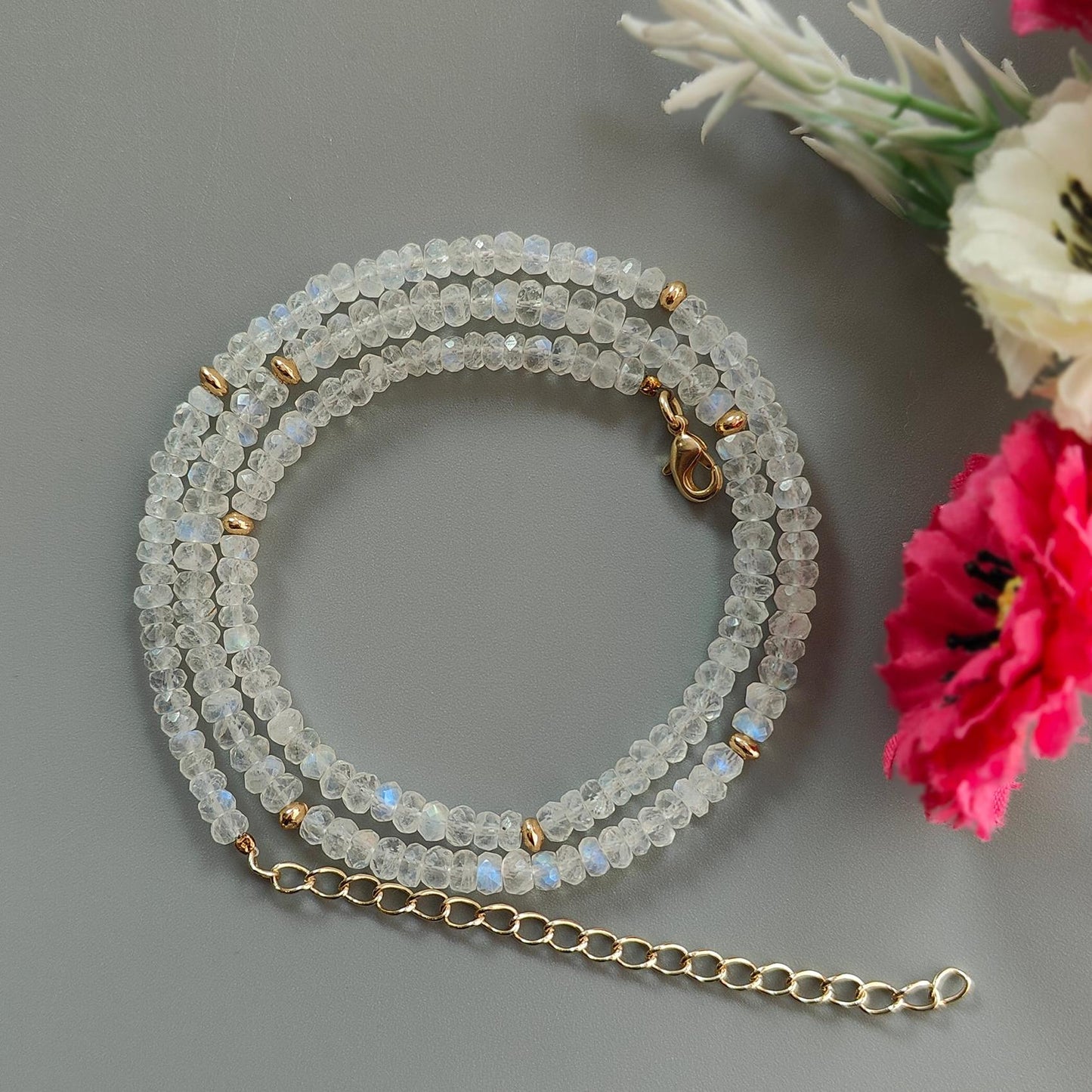 Rainbow Moonstone Gemstone Beads Necklace: 15.79gms Natural Moonstone Plain Rondelle Brass Necklace 19" Necklace June Birthstone